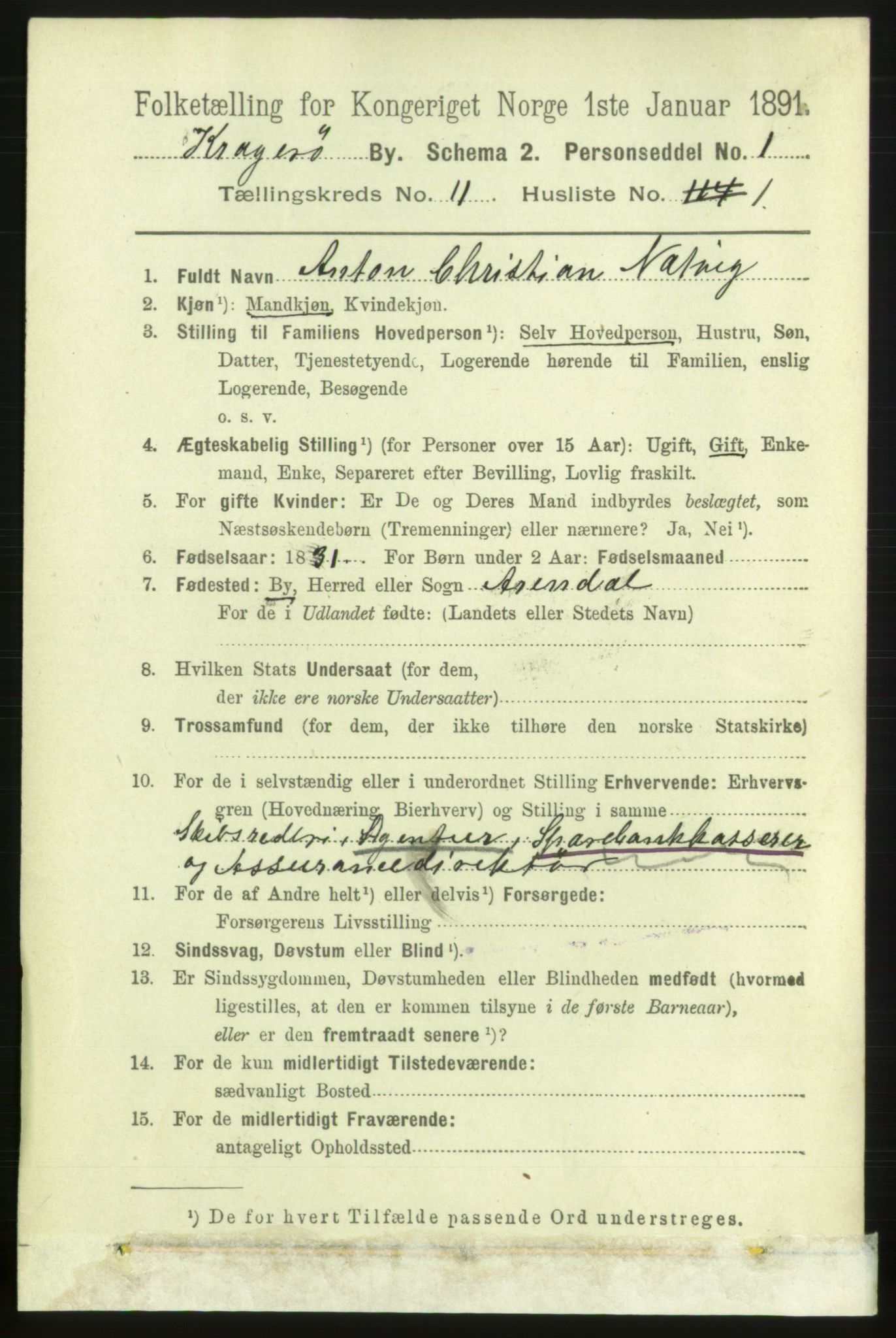 RA, 1891 census for 0801 Kragerø, 1891, p. 3851