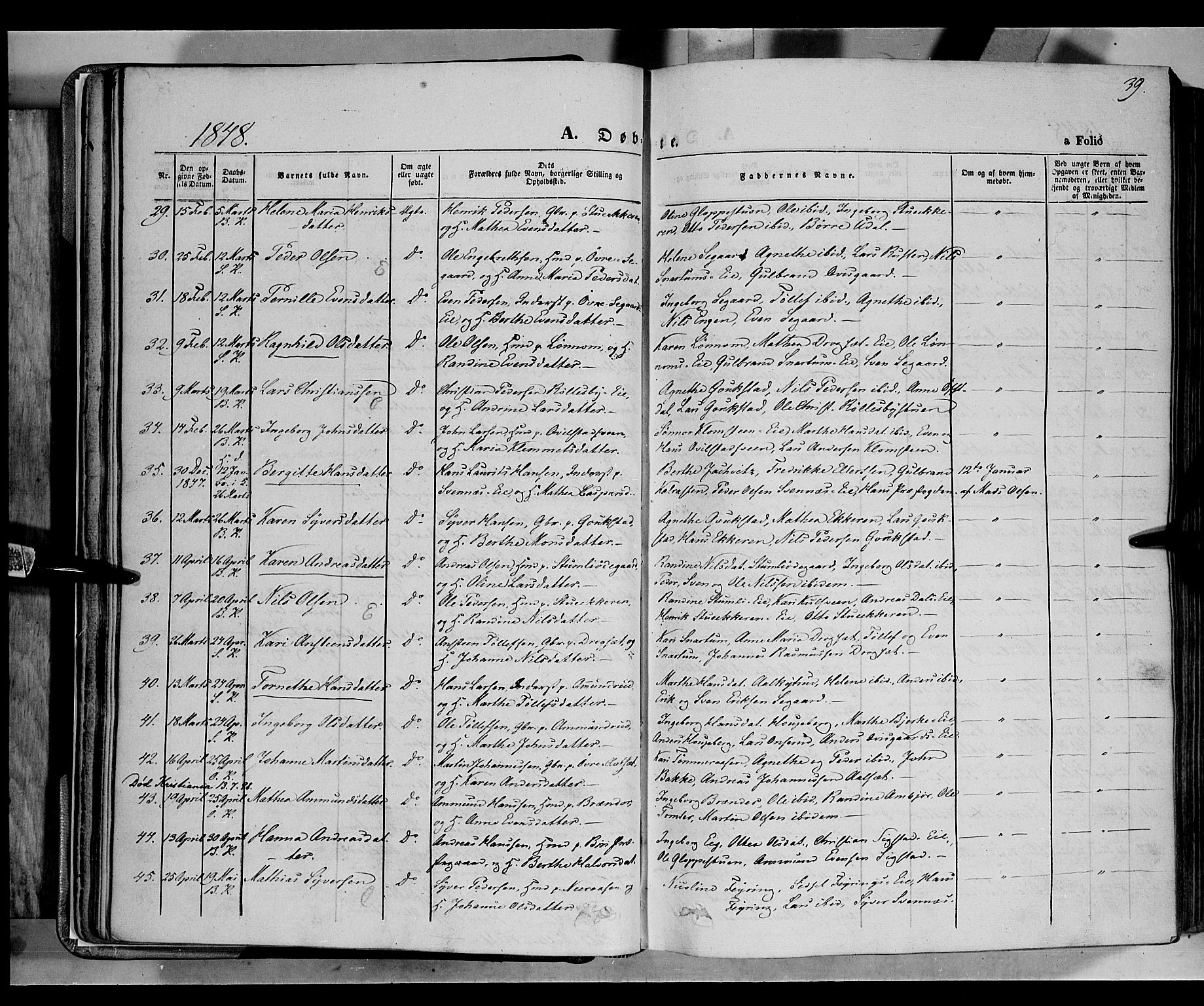 Biri prestekontor, AV/SAH-PREST-096/H/Ha/Haa/L0005: Parish register (official) no. 5, 1843-1854, p. 39