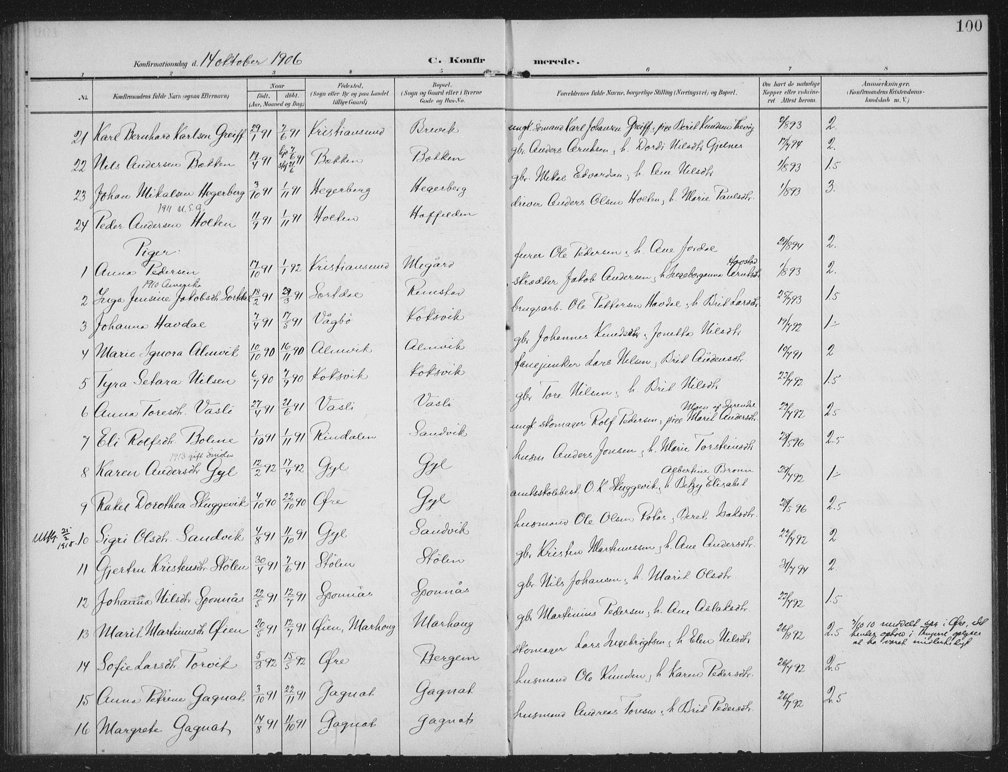 Ministerialprotokoller, klokkerbøker og fødselsregistre - Møre og Romsdal, AV/SAT-A-1454/586/L0989: Parish register (official) no. 586A15, 1906-1915, p. 100