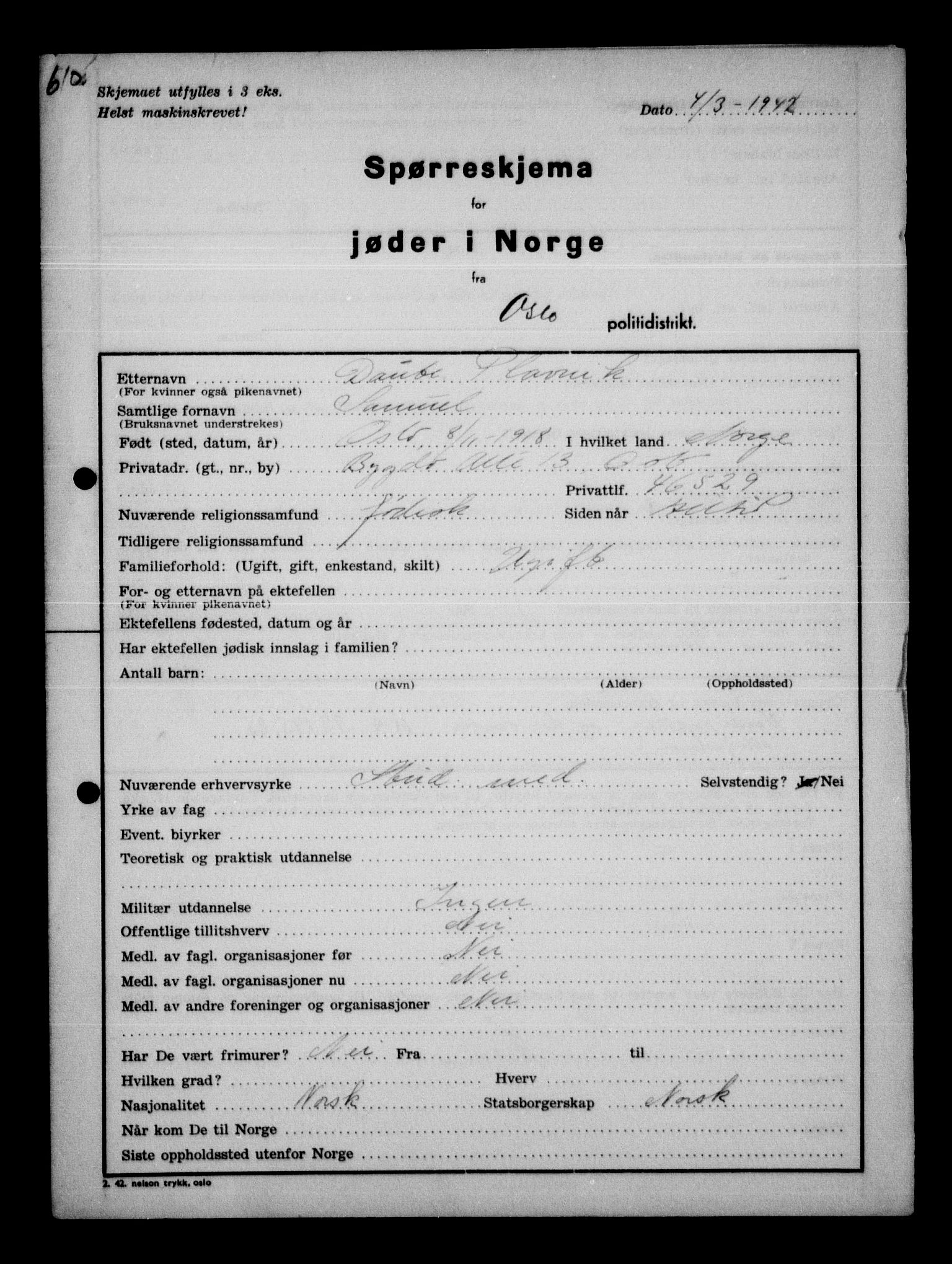 Statspolitiet - Hovedkontoret / Osloavdelingen, AV/RA-S-1329/G/Ga/L0011: Spørreskjema for jøder i Norge. 1: Oslo 610-806 (Plavnik-Zwillinger). 2: Aker 1-113 (Adler-Lewin). , 1942, p. 3