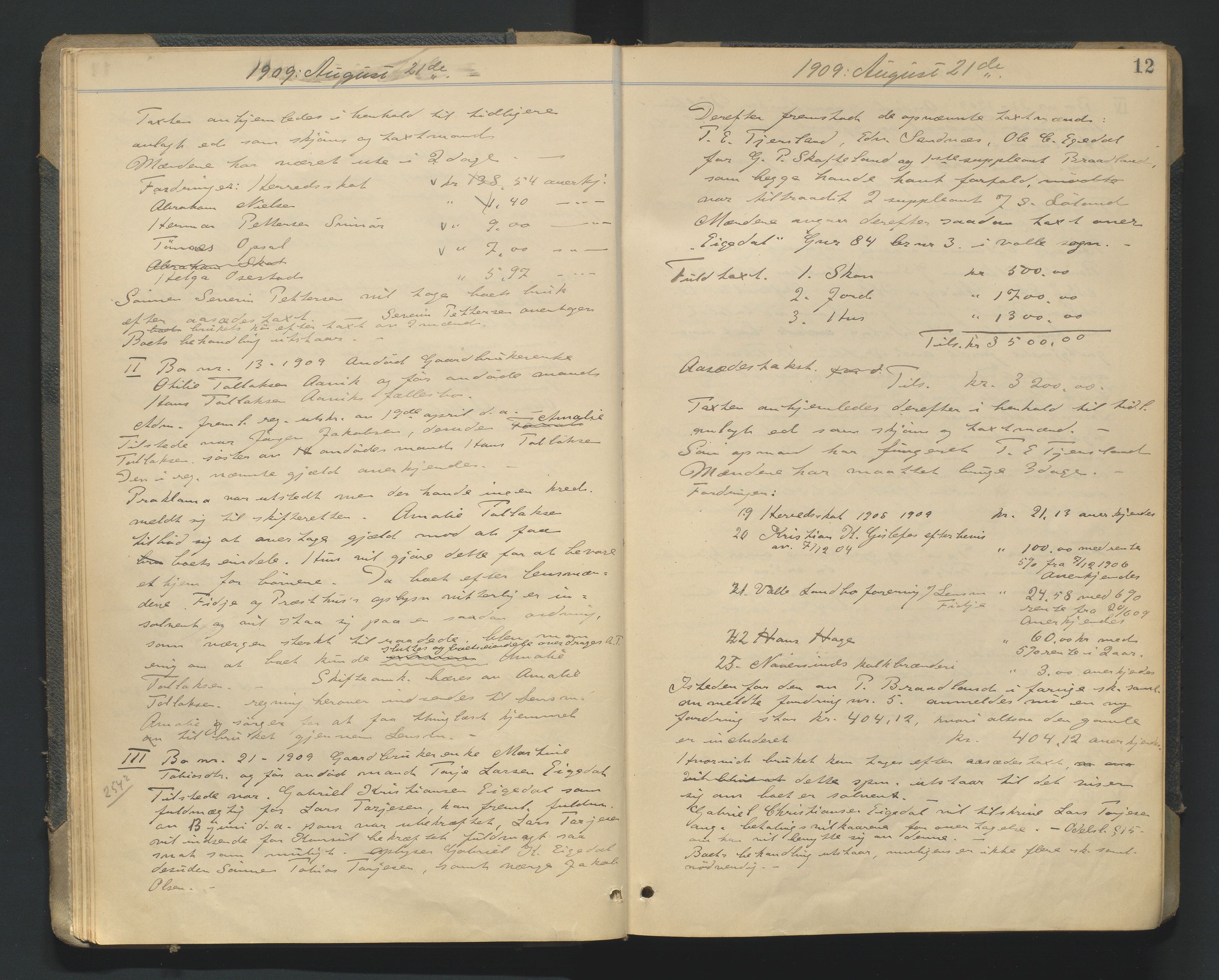 Mandal sorenskriveri, AV/SAK-1221-0005/001/H/Hc/L0081: Skifteforhandlingsprotokoll nr 13, 1909-1913, p. 12