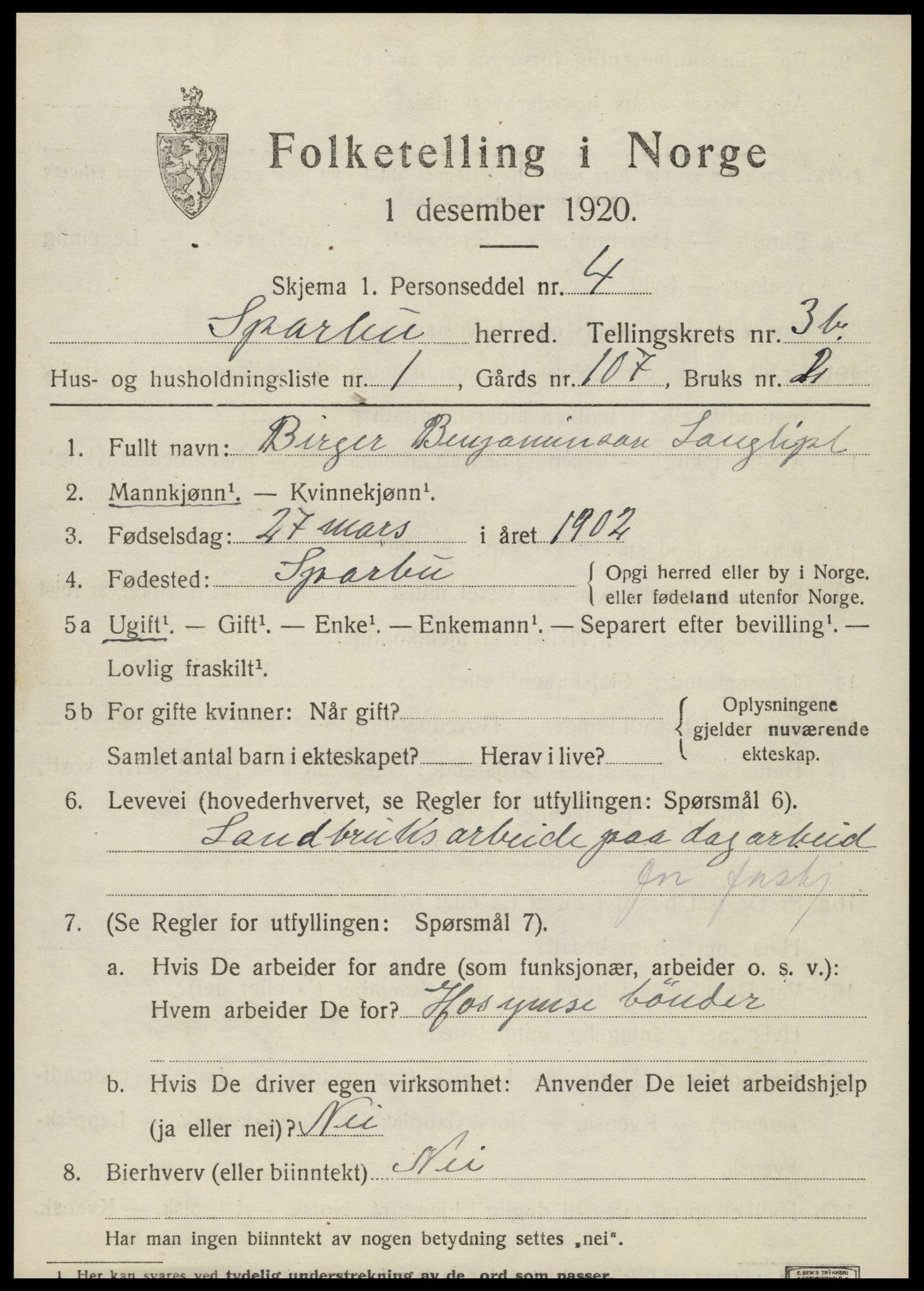 SAT, 1920 census for Sparbu, 1920, p. 4843