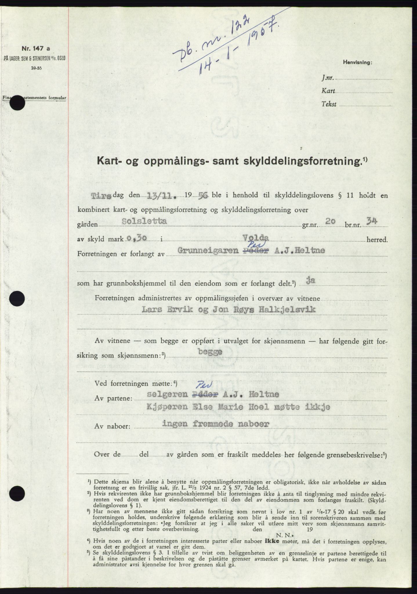 Søre Sunnmøre sorenskriveri, AV/SAT-A-4122/1/2/2C/L0105: Mortgage book no. 31A, 1956-1957, Diary no: : 122/1957