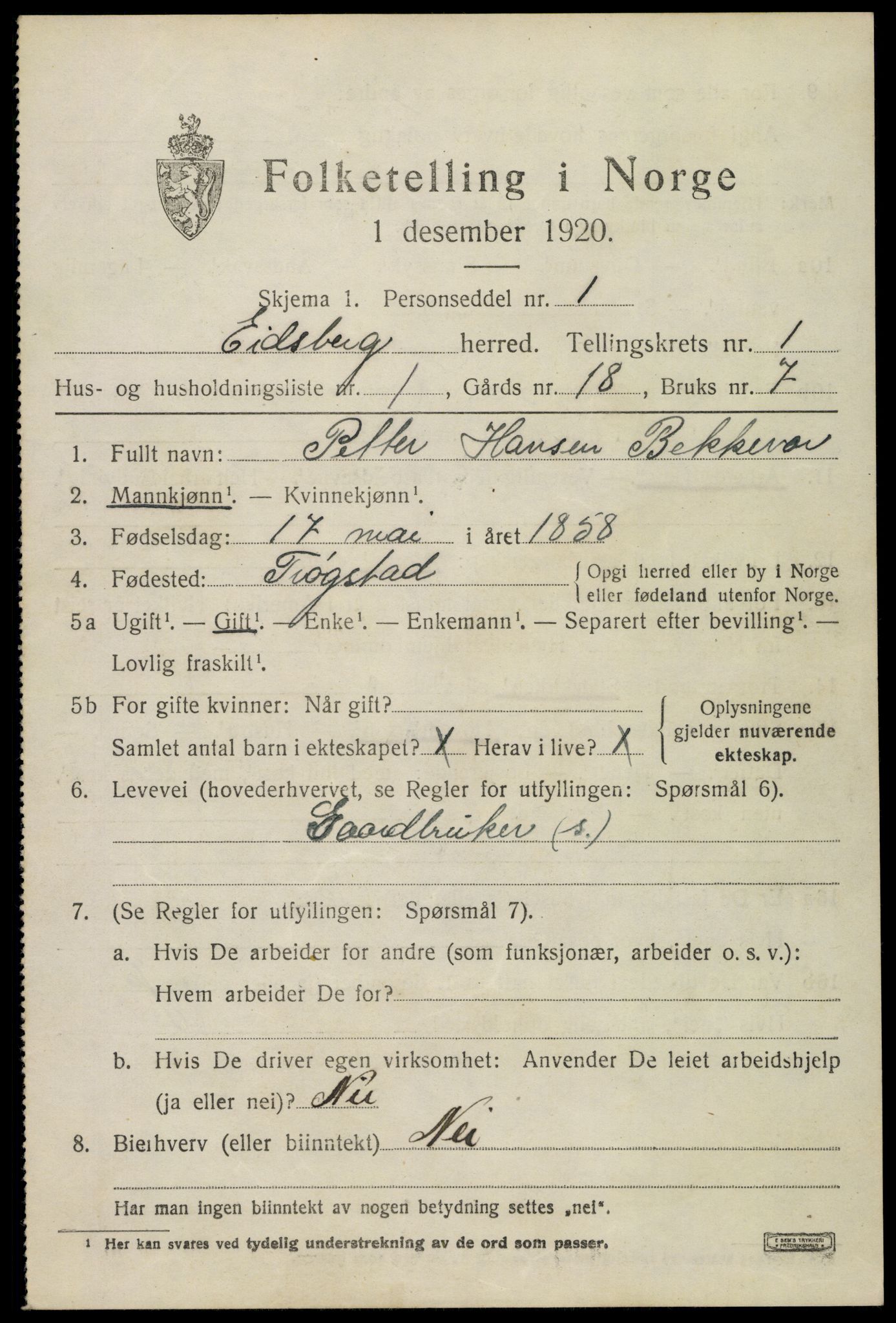 SAO, 1920 census for Eidsberg, 1920, p. 1947