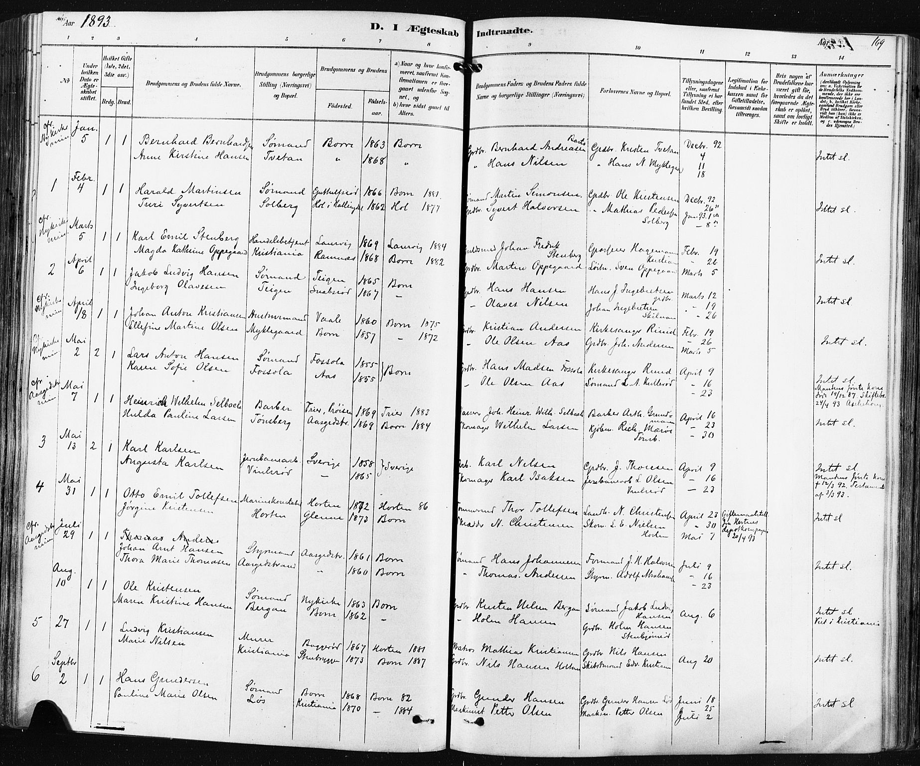 Borre kirkebøker, AV/SAKO-A-338/F/Fa/L0009: Parish register (official) no. I 9, 1878-1896, p. 169