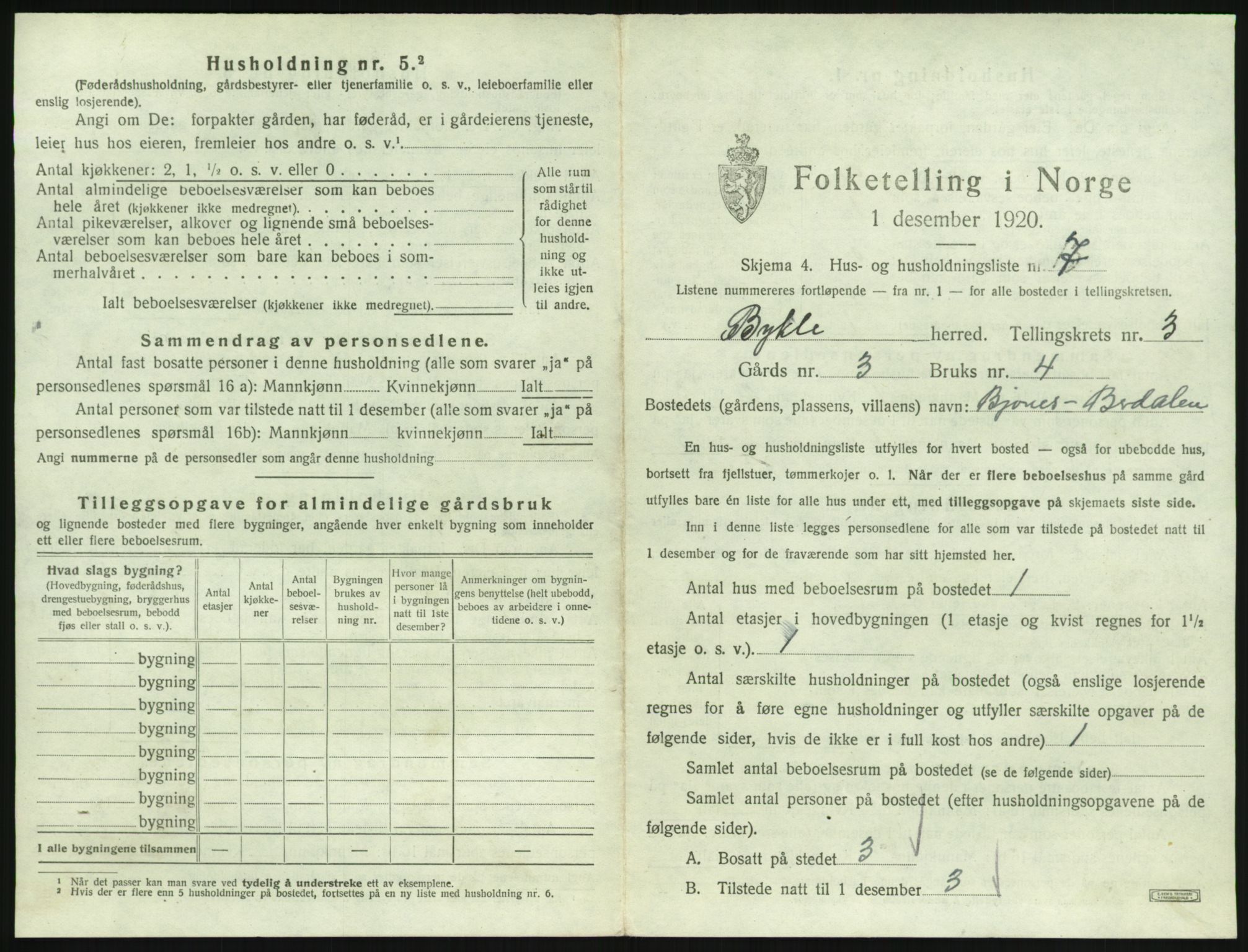 SAK, 1920 census for Bykle, 1920, p. 173