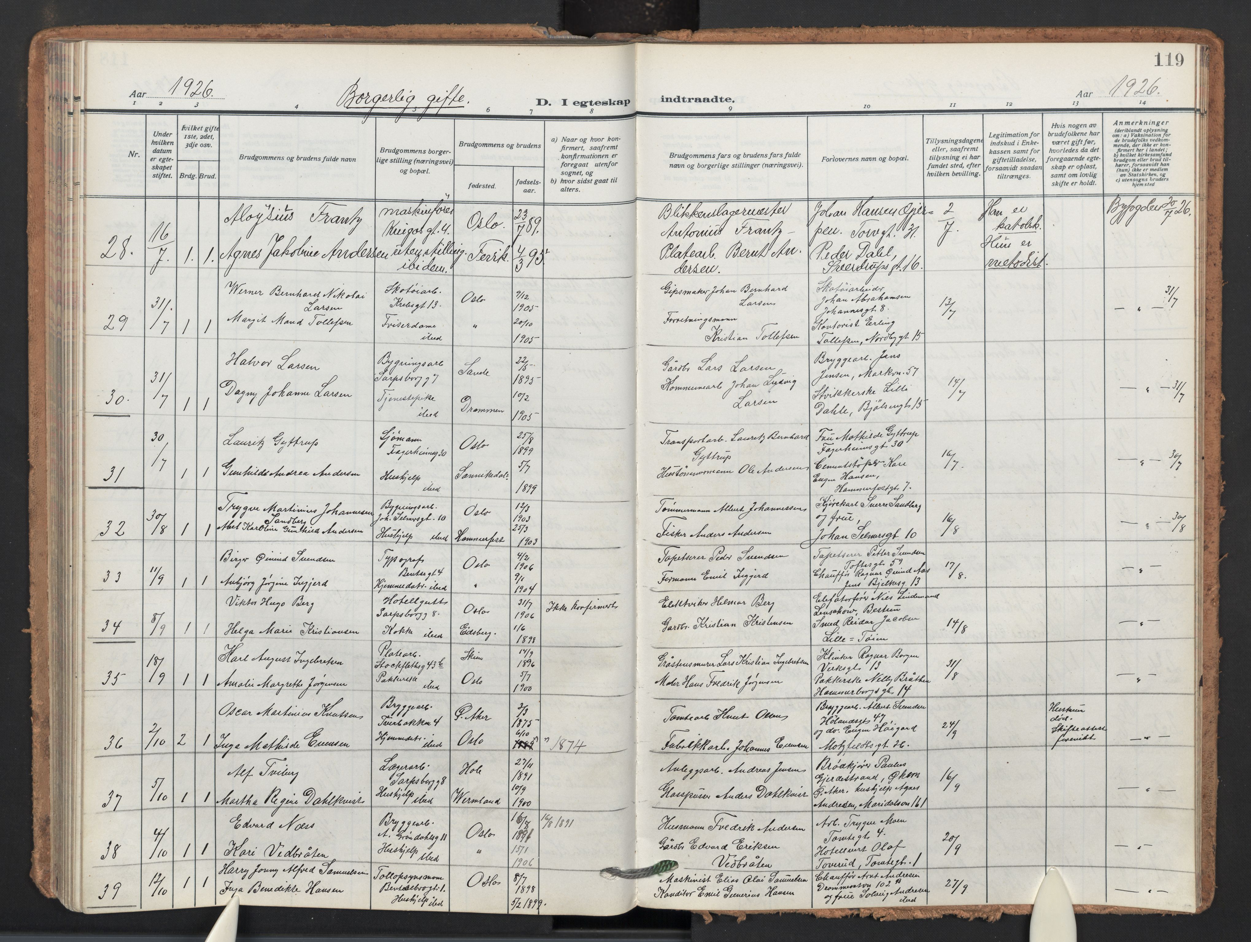 Sagene prestekontor Kirkebøker, AV/SAO-A-10796/F/L0013: Parish register (official) no. 13, 1920-1929, p. 119