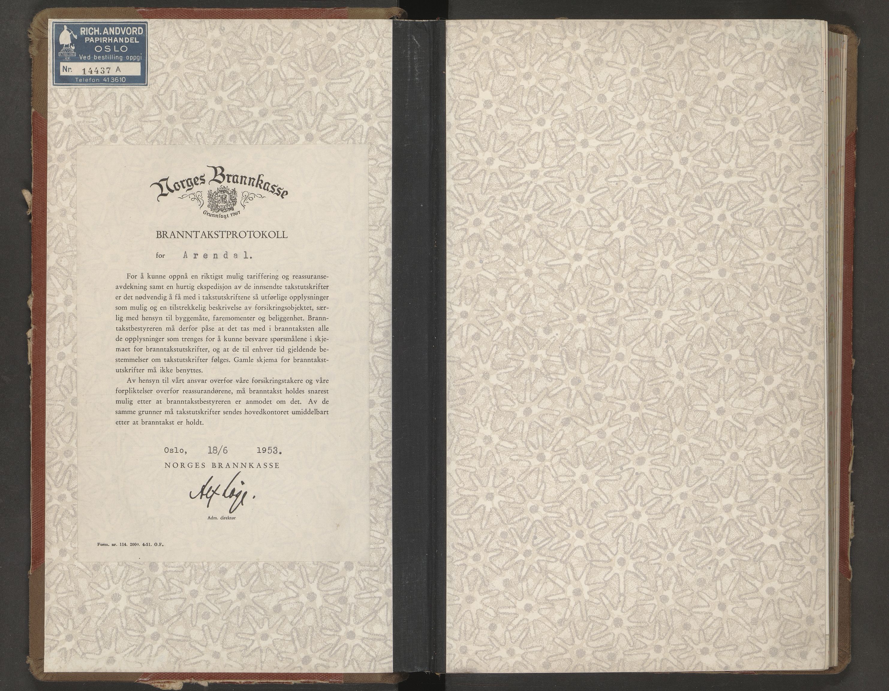 Norges Brannkasse Arendal, AV/SAK-2241-0002/F/Fa/L0037: Branntakstprotokoll nr. 35 med matrikkelnummerregister, 1953-1955
