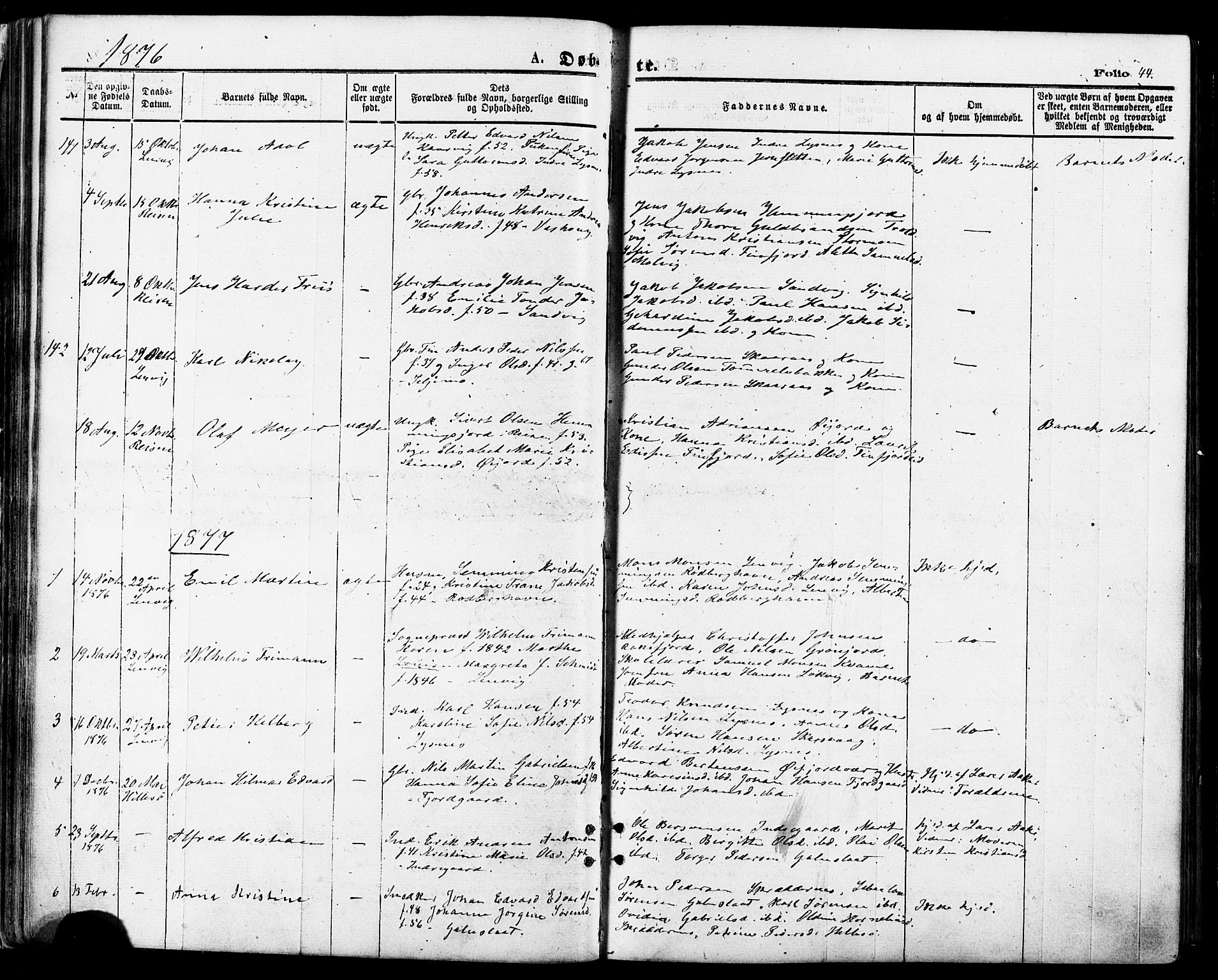 Lenvik sokneprestembete, SATØ/S-1310/H/Ha/Haa/L0010kirke: Parish register (official) no. 10, 1873-1880, p. 44