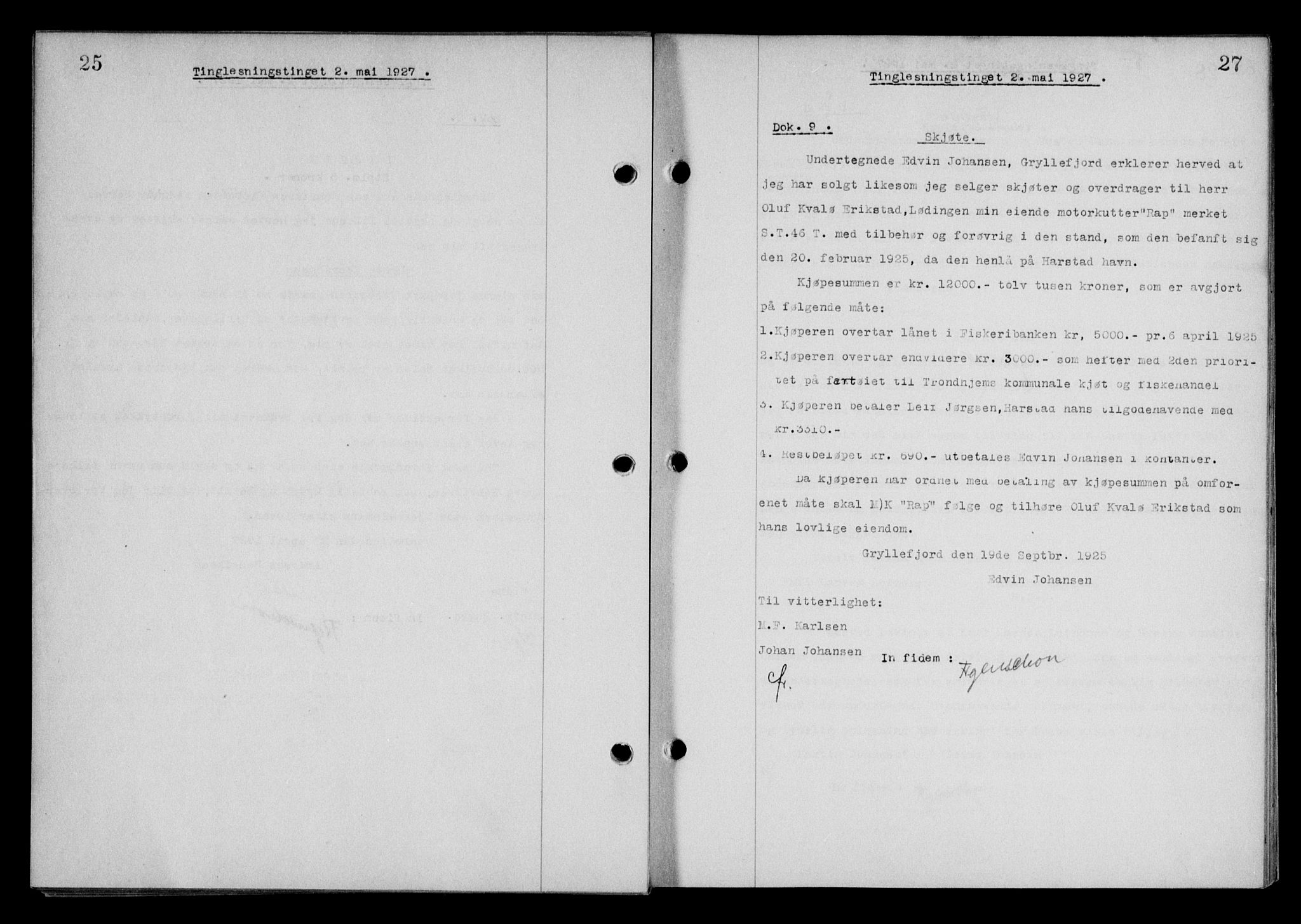 Steigen og Ofoten sorenskriveri, SAT/A-0030/1/2/2C/L0014: Mortgage book no. 13 og 15, 1926-1927, Deed date: 02.05.1927