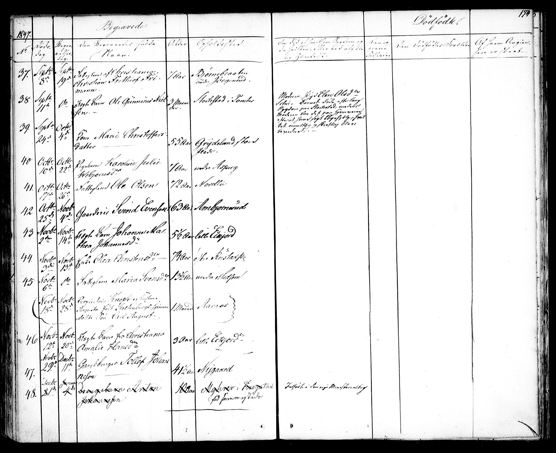Kråkstad prestekontor Kirkebøker, SAO/A-10125a/F/Fa/L0005: Parish register (official) no. I 5, 1837-1847, p. 174