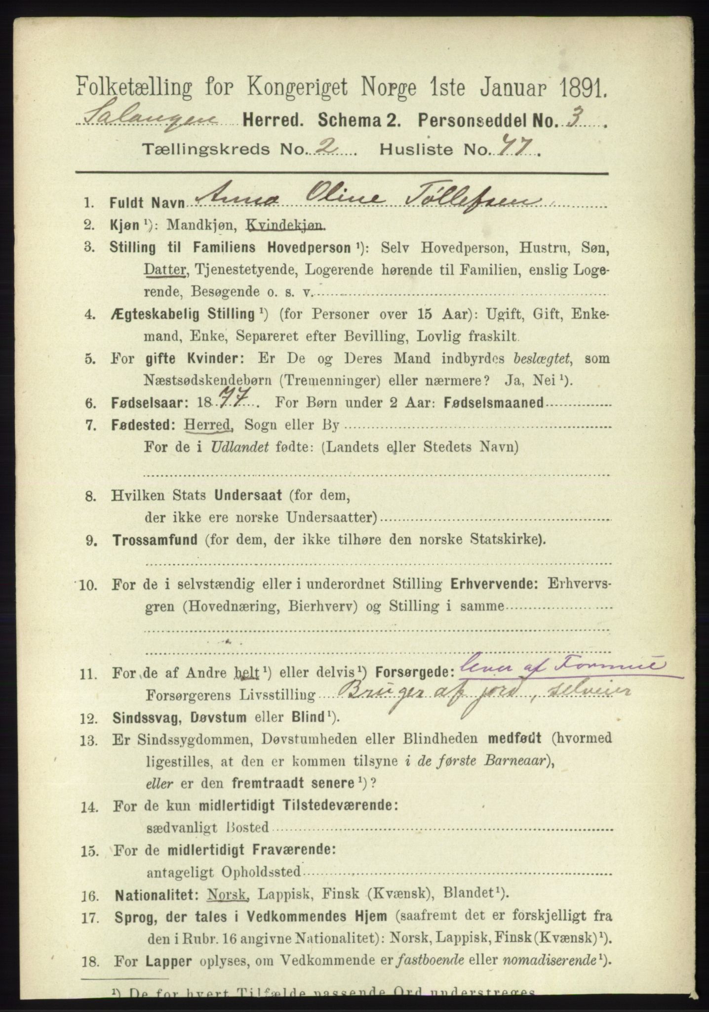 RA, 1891 census for 1921 Salangen, 1891, p. 1143