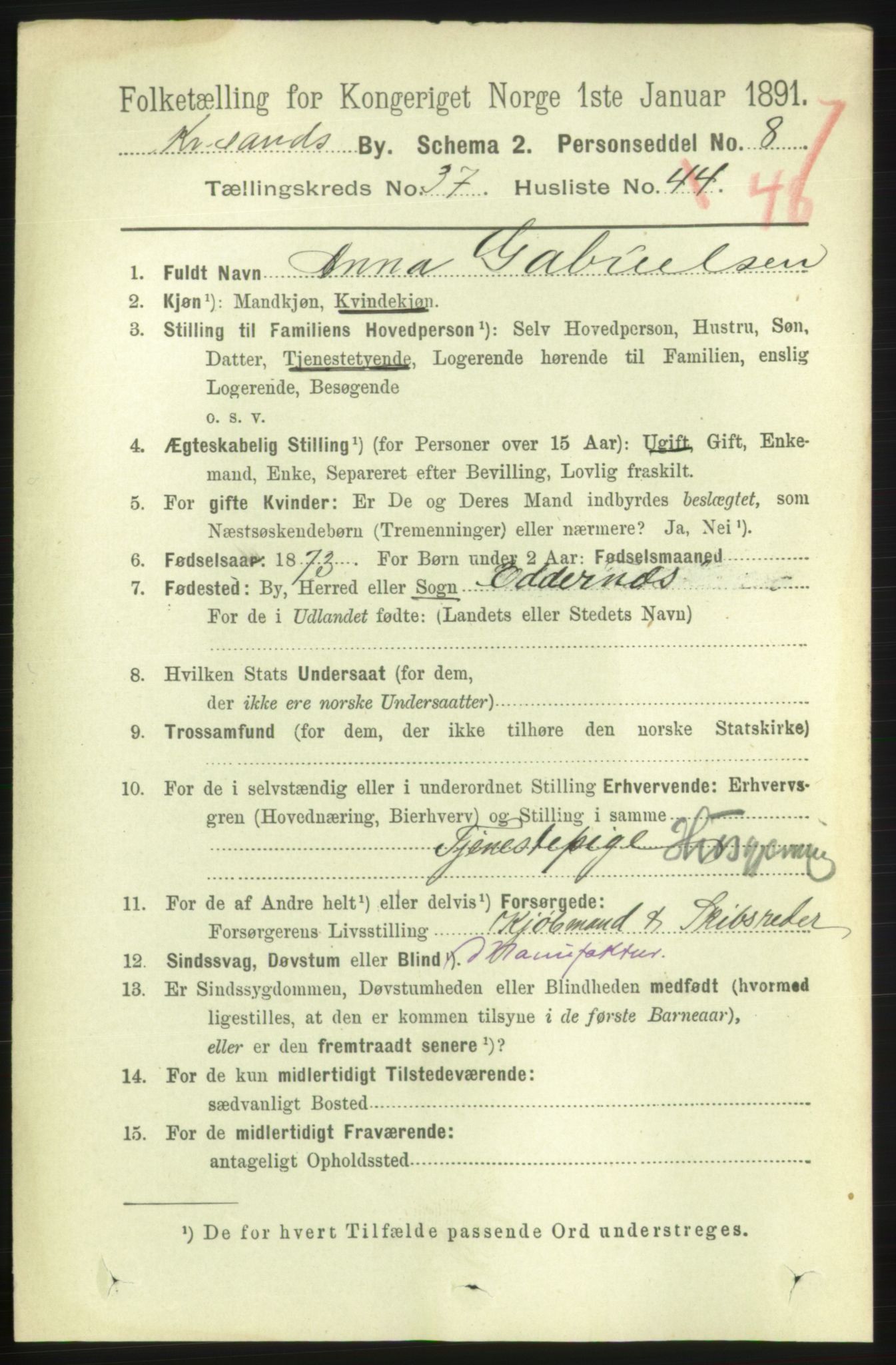 RA, 1891 census for 1001 Kristiansand, 1891, p. 11961