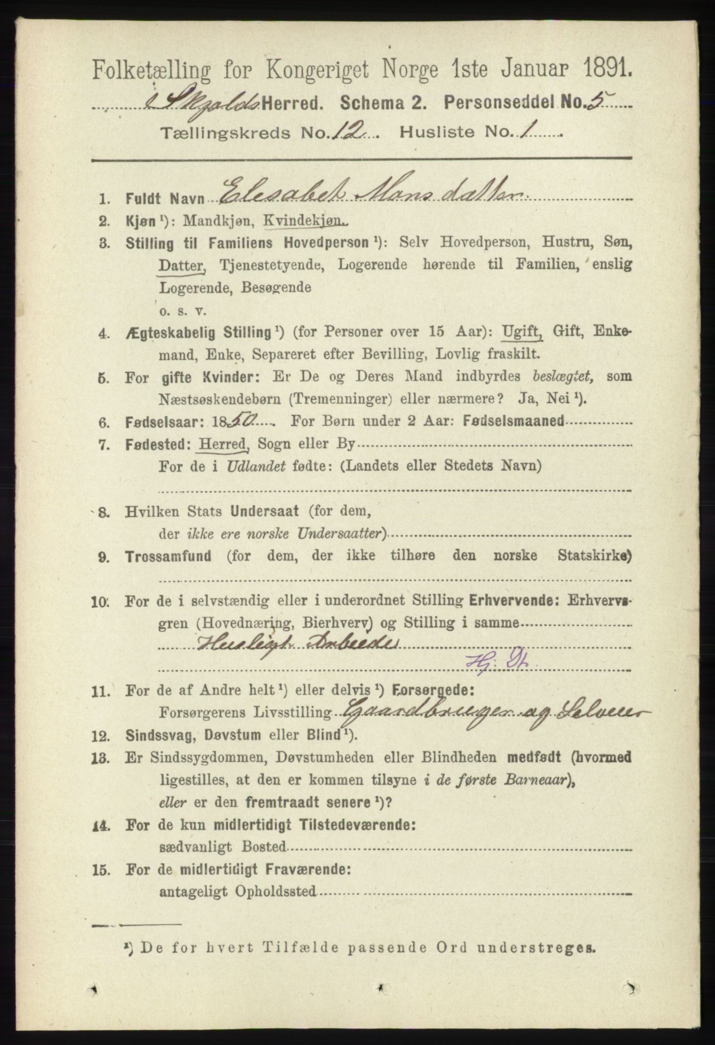 RA, 1891 census for 1154 Skjold, 1891, p. 2255