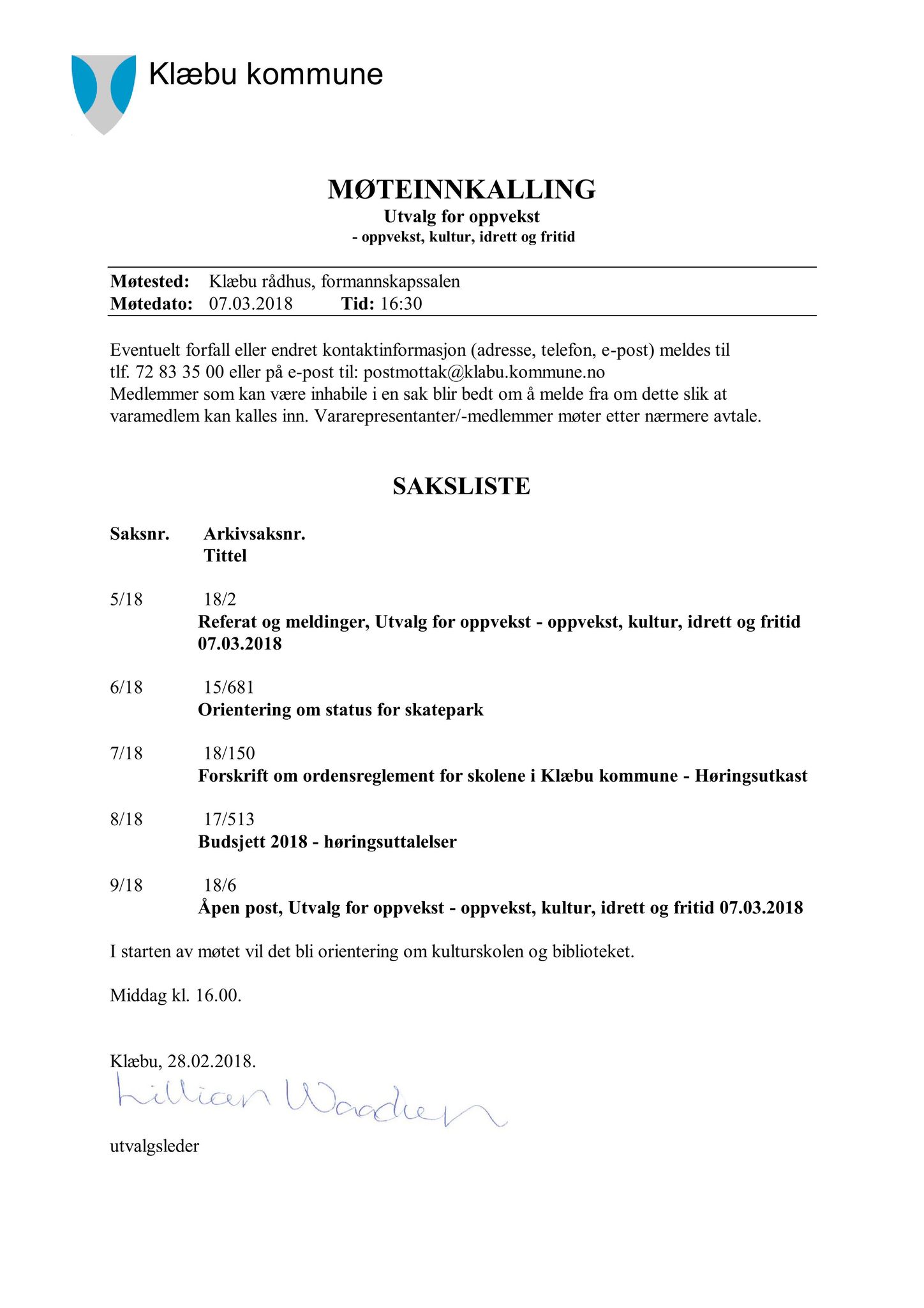 Klæbu Kommune, TRKO/KK/04-UO/L009: Utvalg for oppvekst - Møtedokumenter, 2018