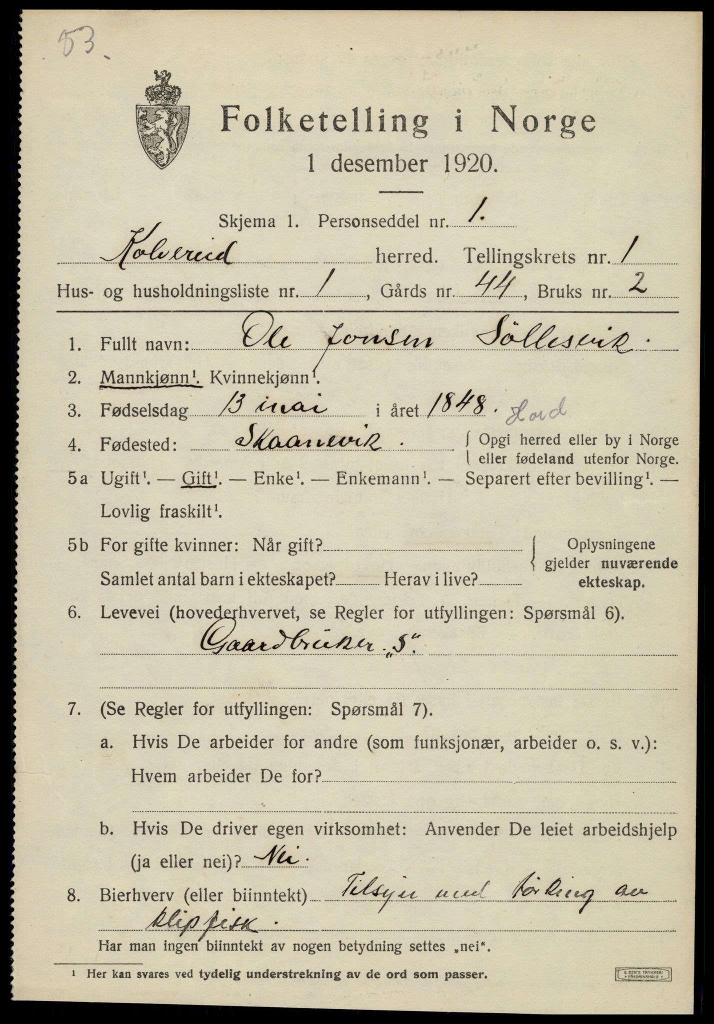 SAT, 1920 census for Kolvereid, 1920, p. 859