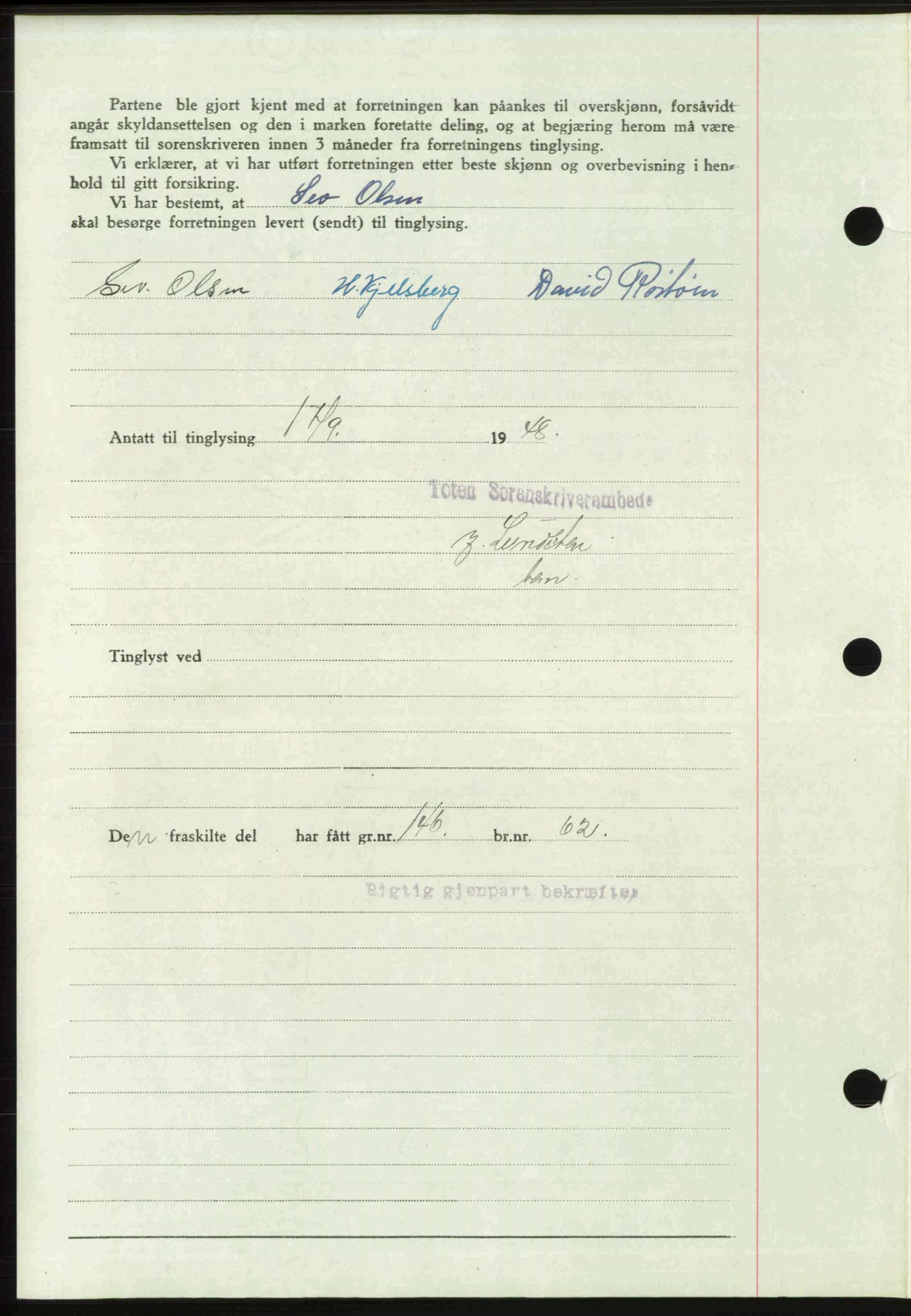 Toten tingrett, SAH/TING-006/H/Hb/Hbc/L0020: Mortgage book no. Hbc-20, 1948-1948, Diary no: : 3011/1948