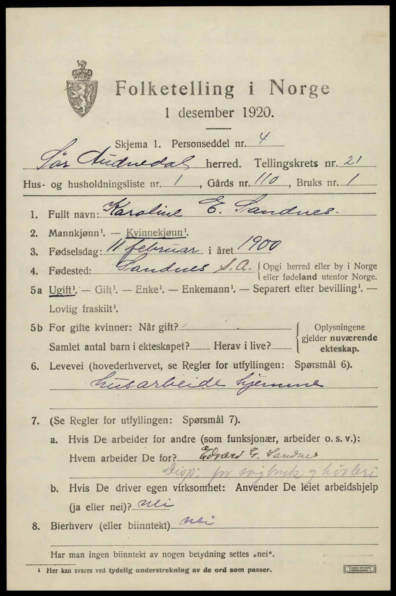 SAK, 1920 census for Sør-Audnedal, 1920, p. 6933