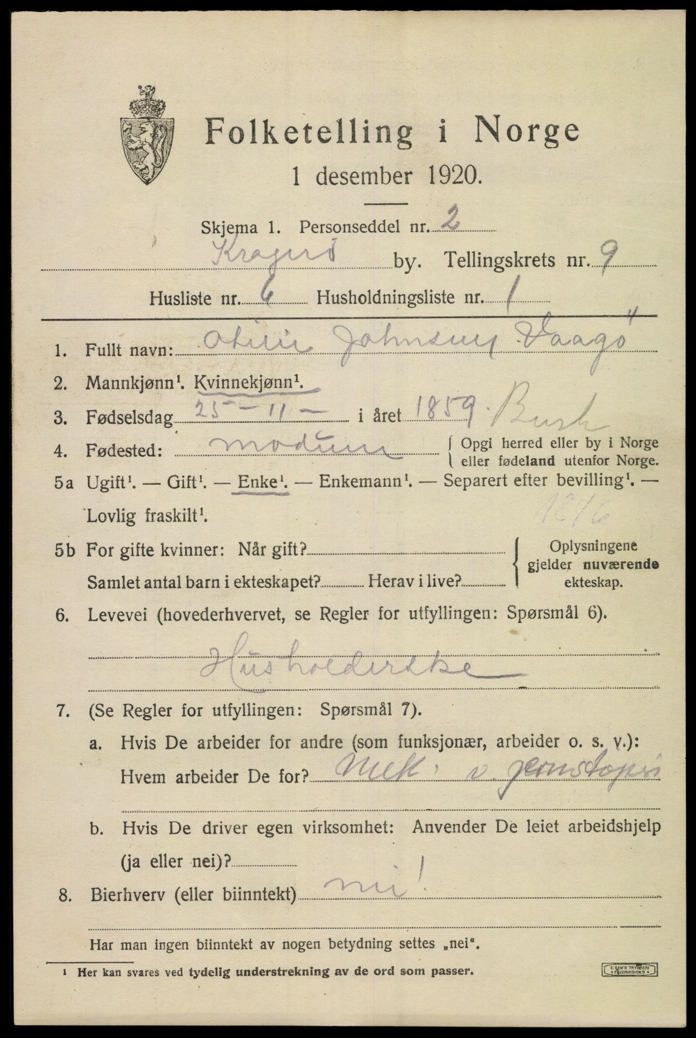 SAKO, 1920 census for Kragerø, 1920, p. 12011