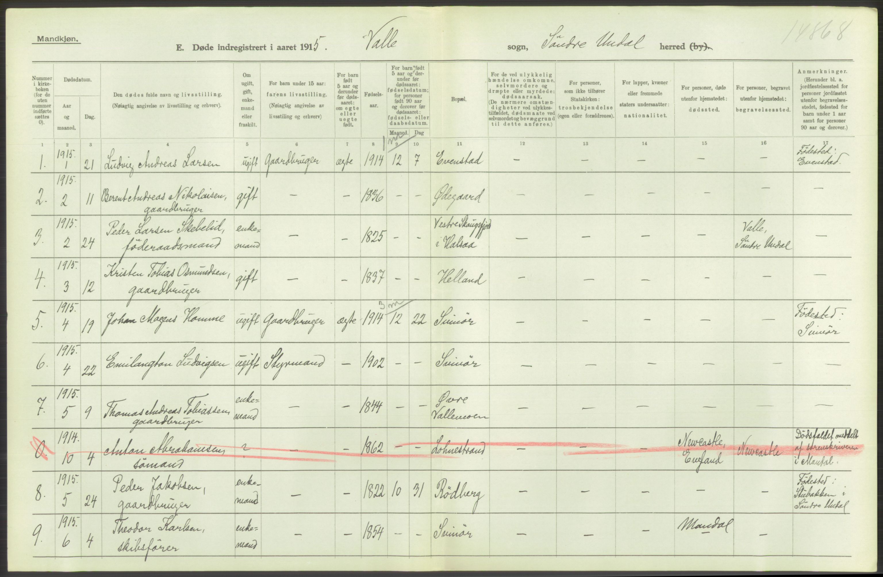 Statistisk sentralbyrå, Sosiodemografiske emner, Befolkning, AV/RA-S-2228/D/Df/Dfb/Dfbe/L0026: Lister og Mandals amt: Døde, dødfødte. Bygder og byer., 1915, p. 126