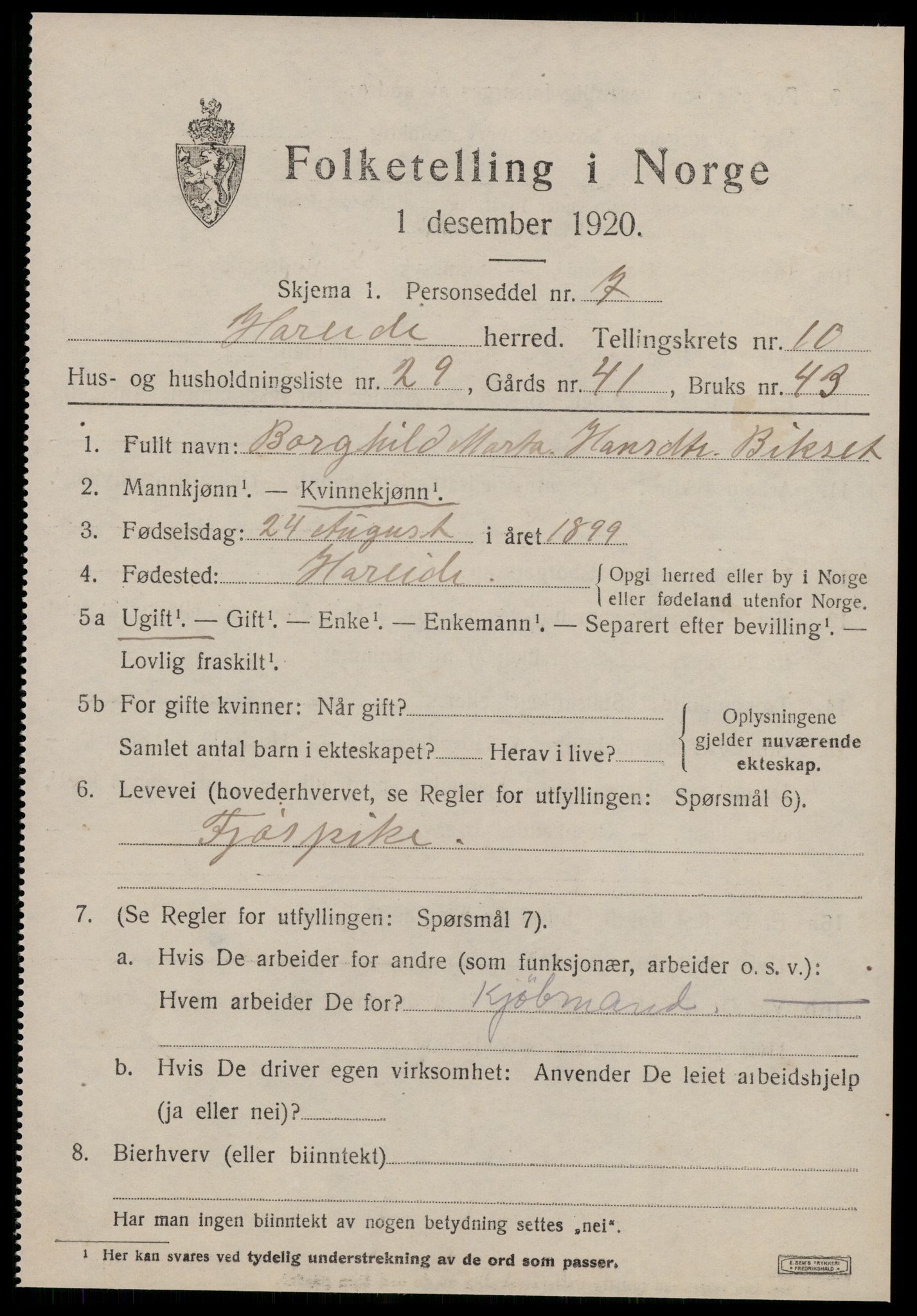 SAT, 1920 census for Hareid, 1920, p. 3981