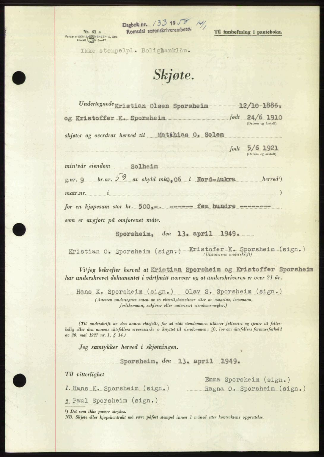 Romsdal sorenskriveri, AV/SAT-A-4149/1/2/2C: Mortgage book no. A32, 1950-1950, Diary no: : 133/1950