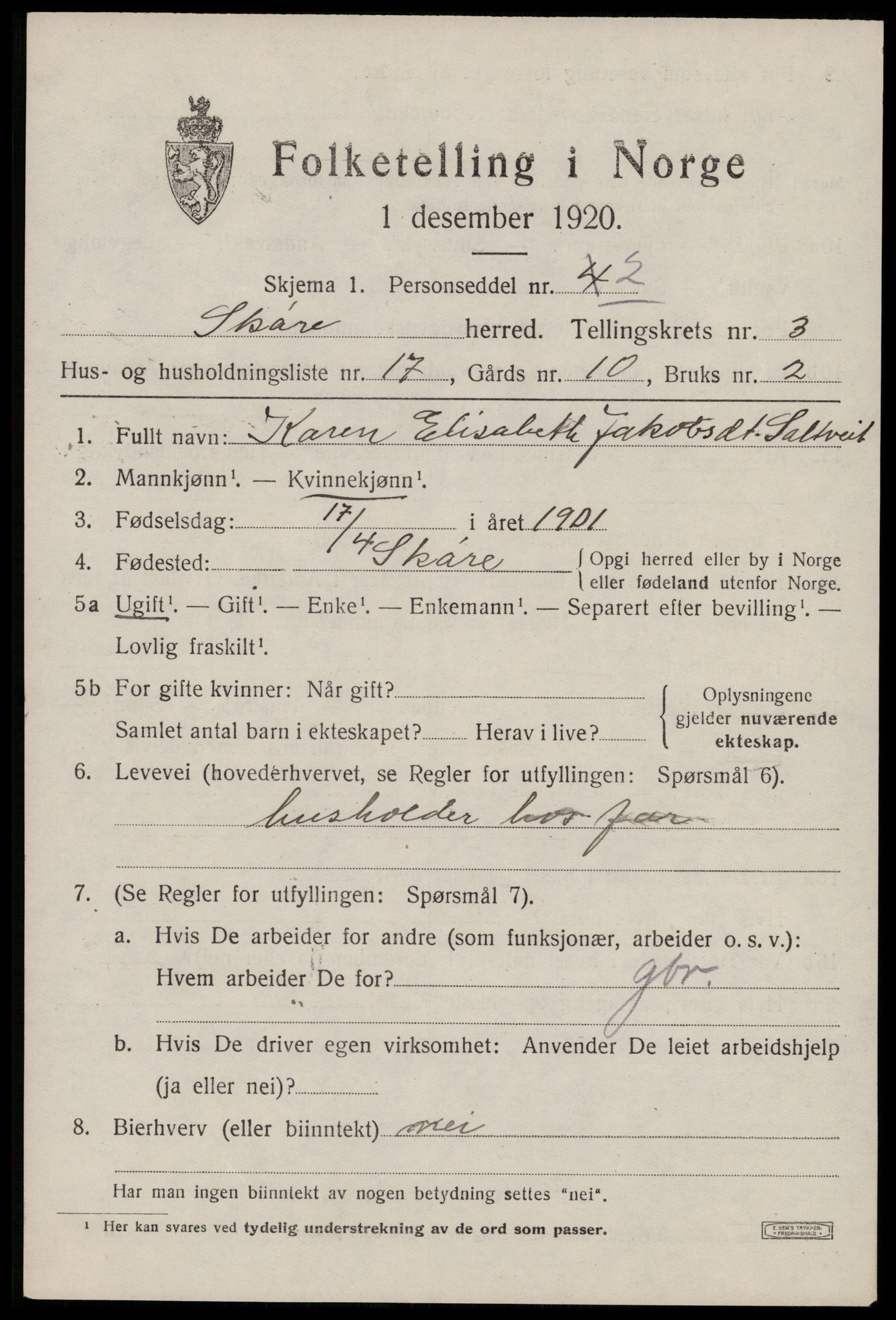 SAST, 1920 census for Skåre, 1920, p. 1806