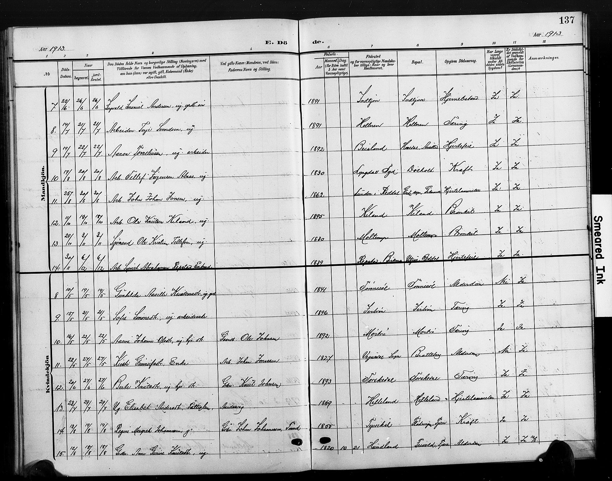 Hommedal sokneprestkontor, AV/SAK-1111-0023/F/Fb/Fbb/L0008: Parish register (copy) no. B 8, 1905-1929, p. 137