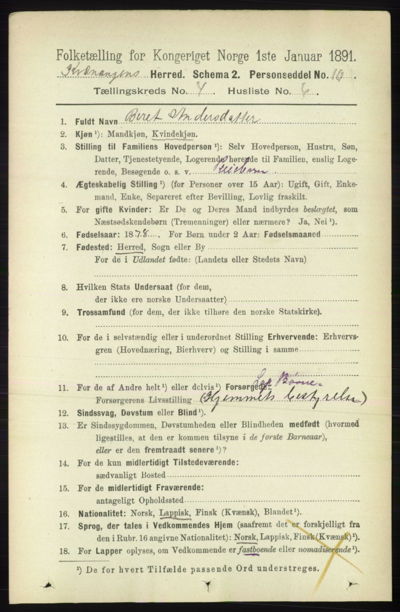 RA, 1891 census for 1943 Kvænangen, 1891, p. 1573