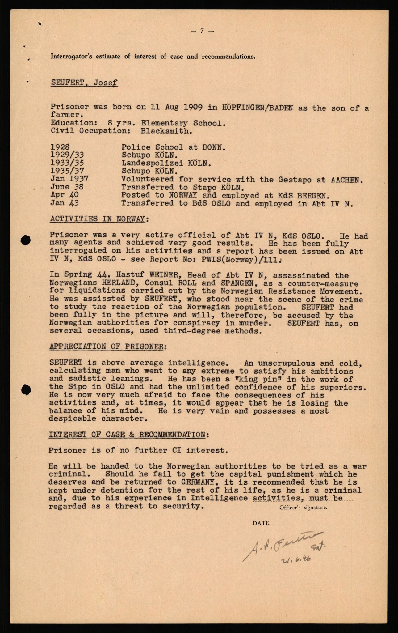 Forsvaret, Forsvarets overkommando II, RA/RAFA-3915/D/Db/L0032: CI Questionaires. Tyske okkupasjonsstyrker i Norge. Tyskere., 1945-1946, p. 41