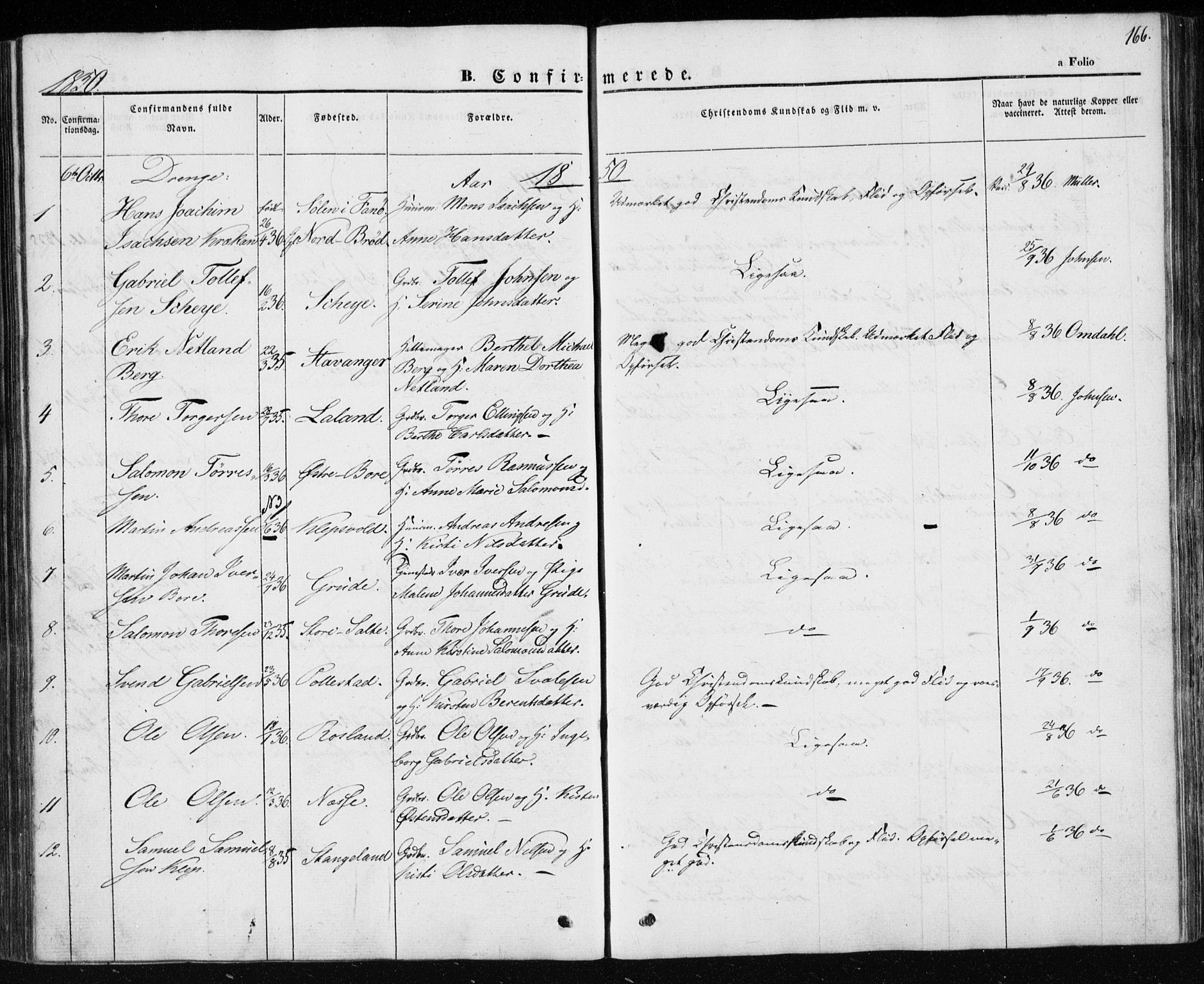 Klepp sokneprestkontor, SAST/A-101803/001/3/30BA/L0004: Parish register (official) no. A 4, 1842-1852, p. 166