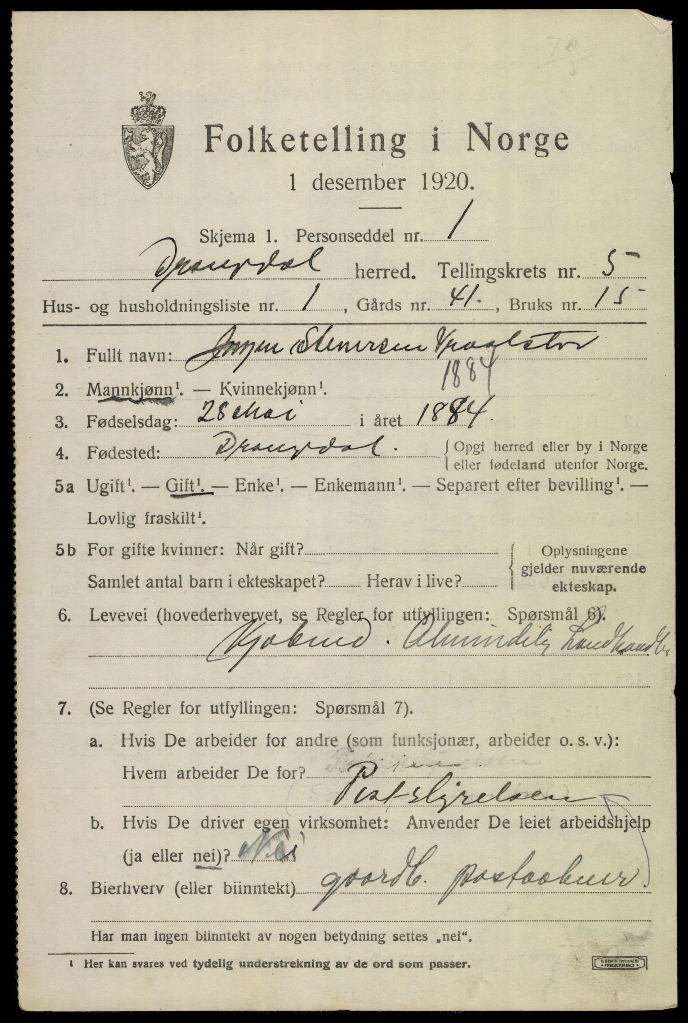 SAKO, 1920 census for Drangedal, 1920, p. 3689