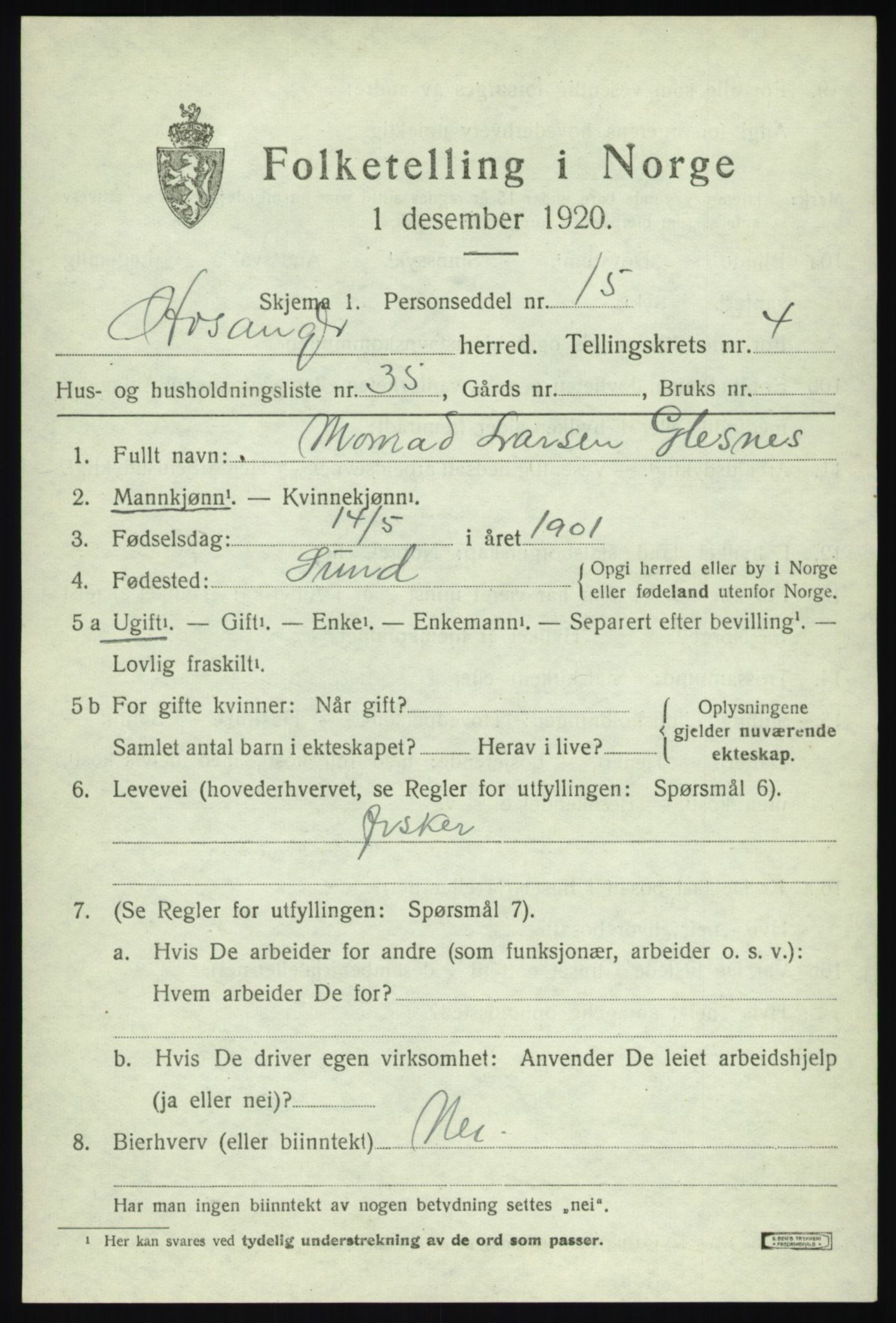 SAB, 1920 census for Hosanger, 1920, p. 2301