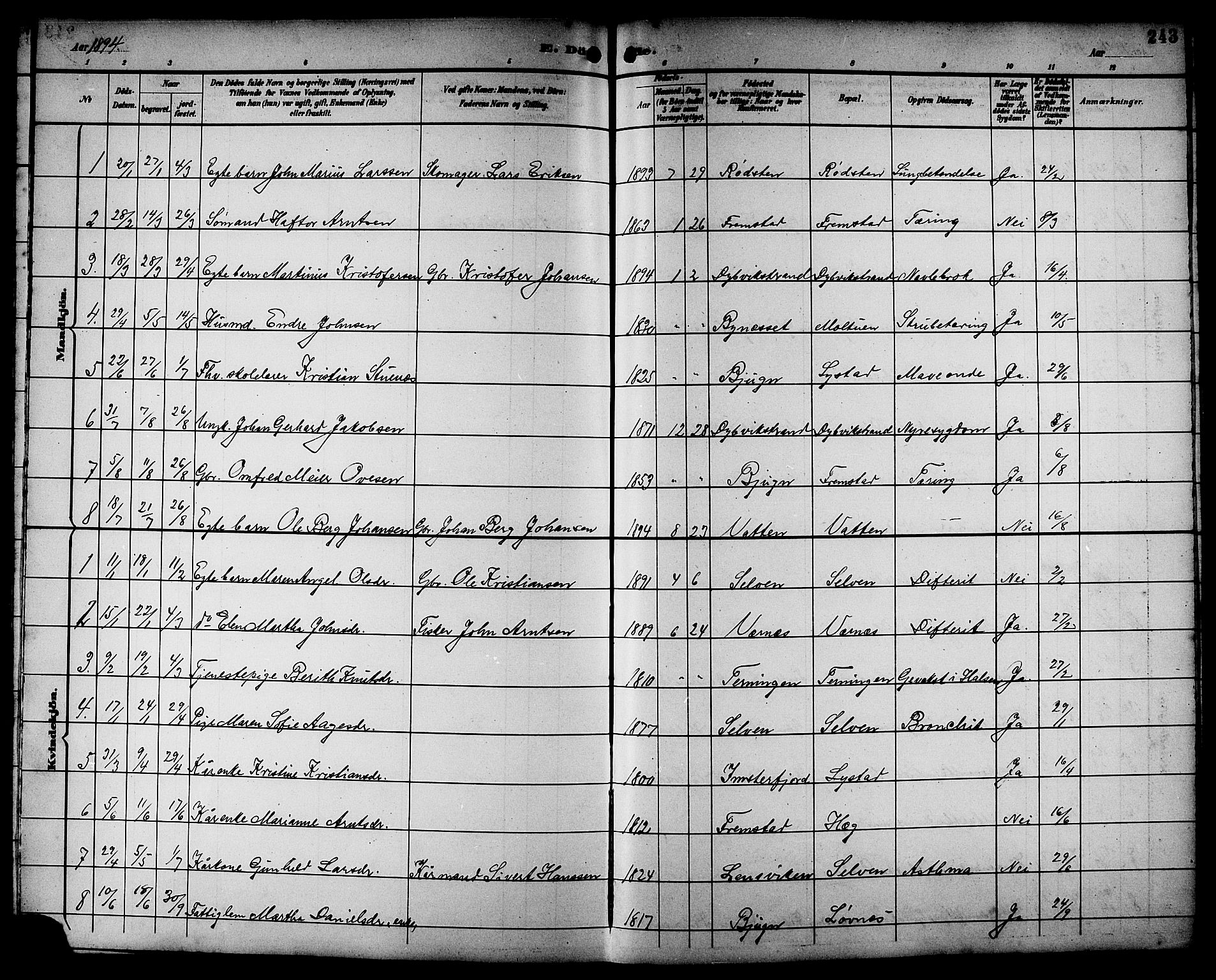Ministerialprotokoller, klokkerbøker og fødselsregistre - Sør-Trøndelag, SAT/A-1456/662/L0757: Parish register (copy) no. 662C02, 1892-1918, p. 243