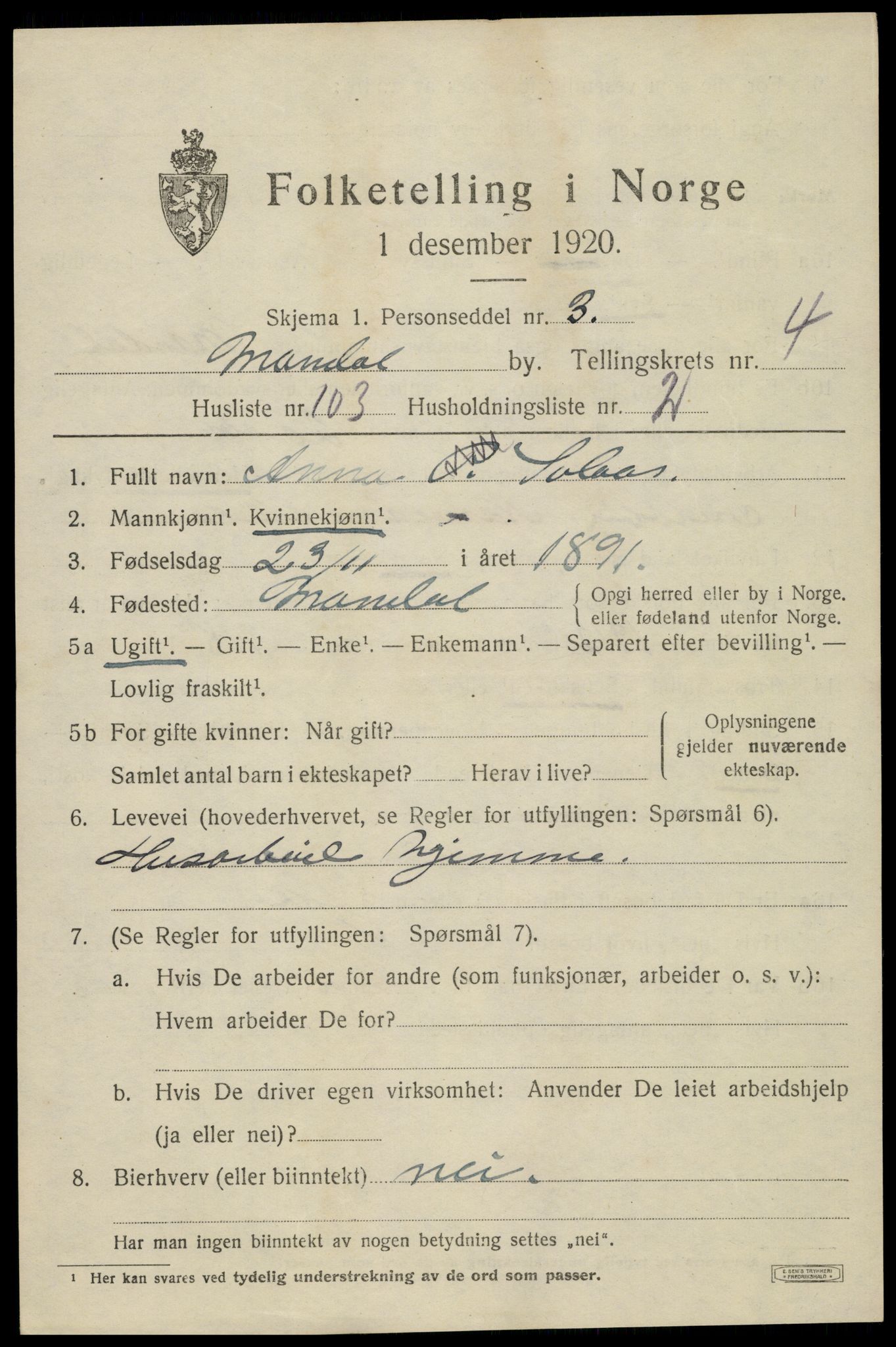 SAK, 1920 census for Mandal, 1920, p. 8145