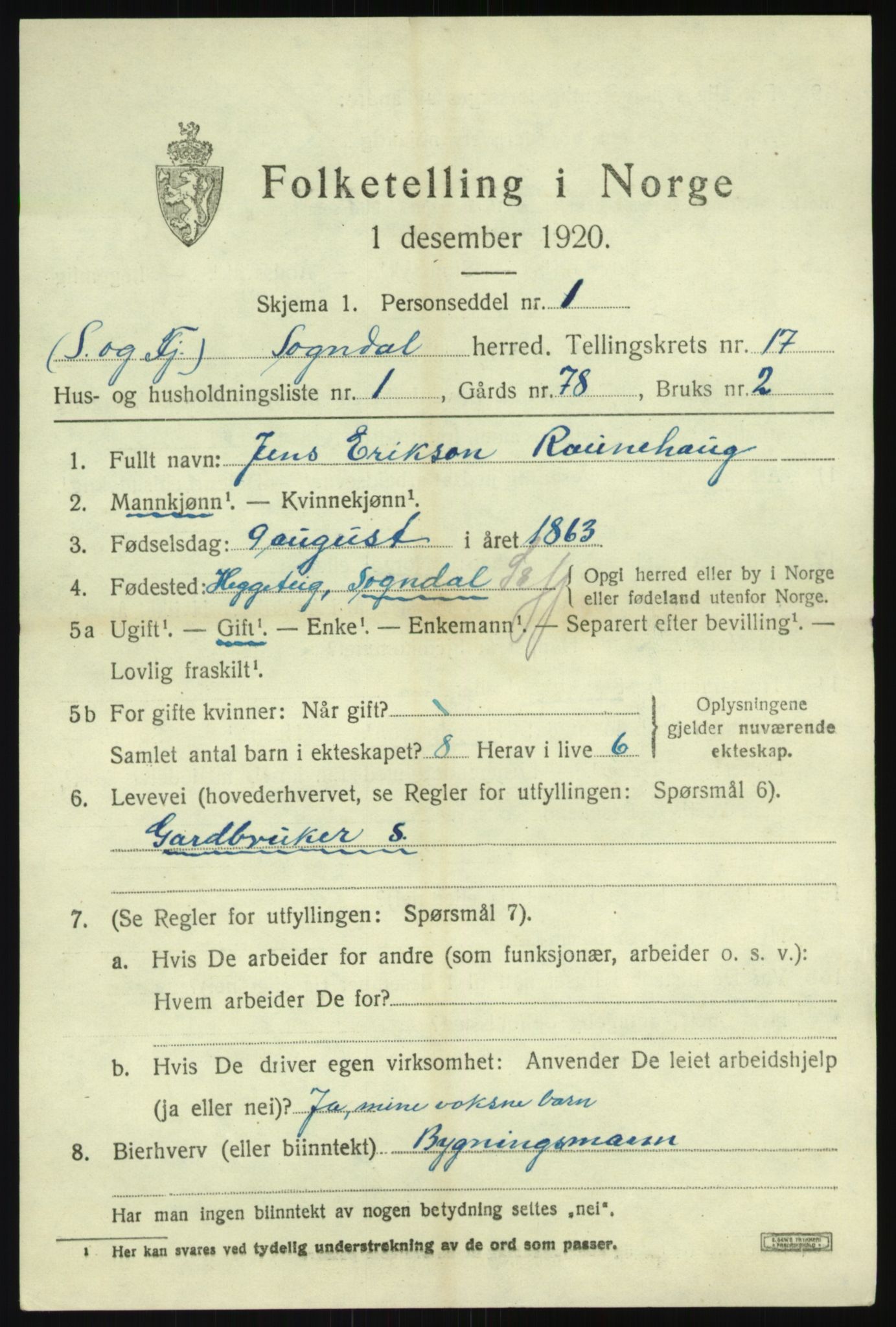 SAB, 1920 census for Sogndal, 1920, p. 6275