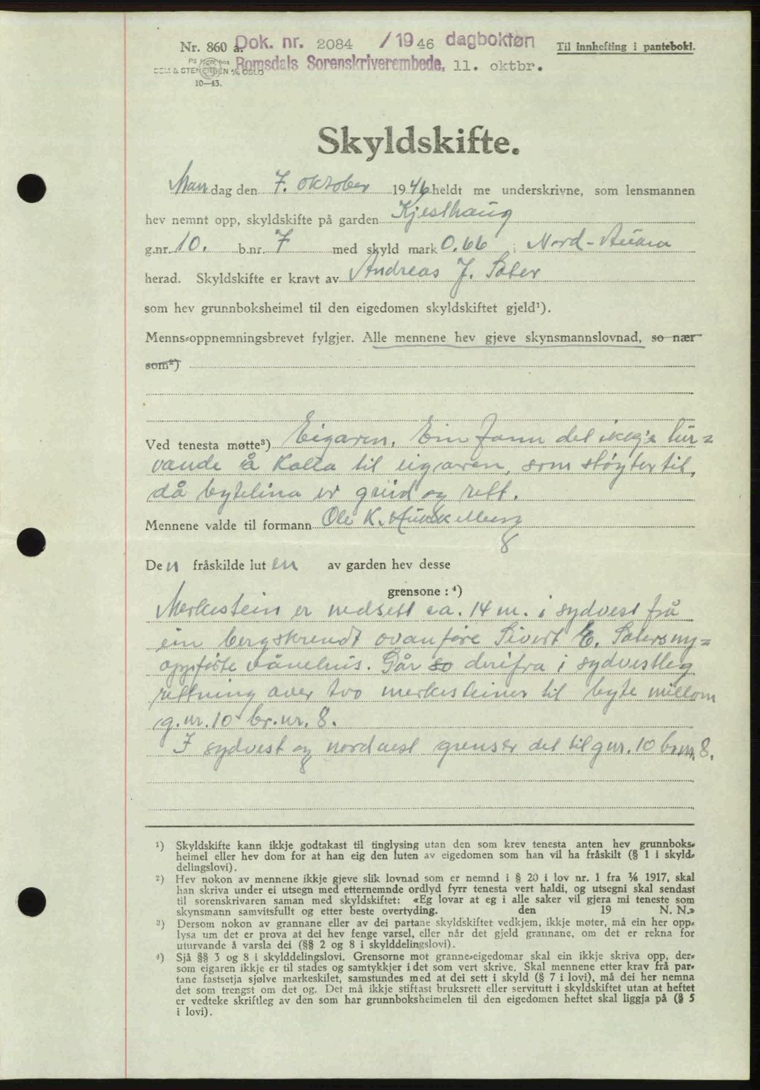 Romsdal sorenskriveri, AV/SAT-A-4149/1/2/2C: Mortgage book no. A21, 1946-1946, Diary no: : 2084/1946