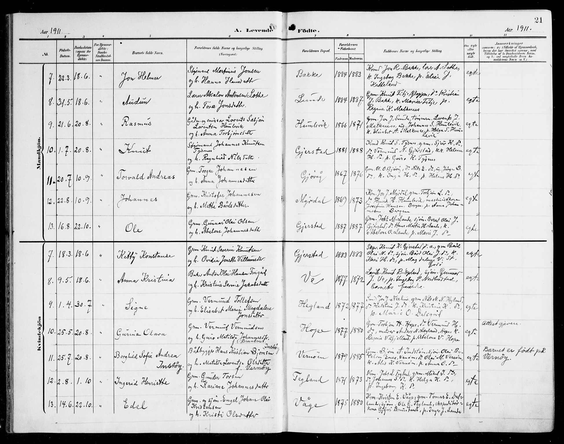 Tysnes sokneprestembete, SAB/A-78601/H/Haa: Parish register (official) no. B 2, 1907-1925, p. 21