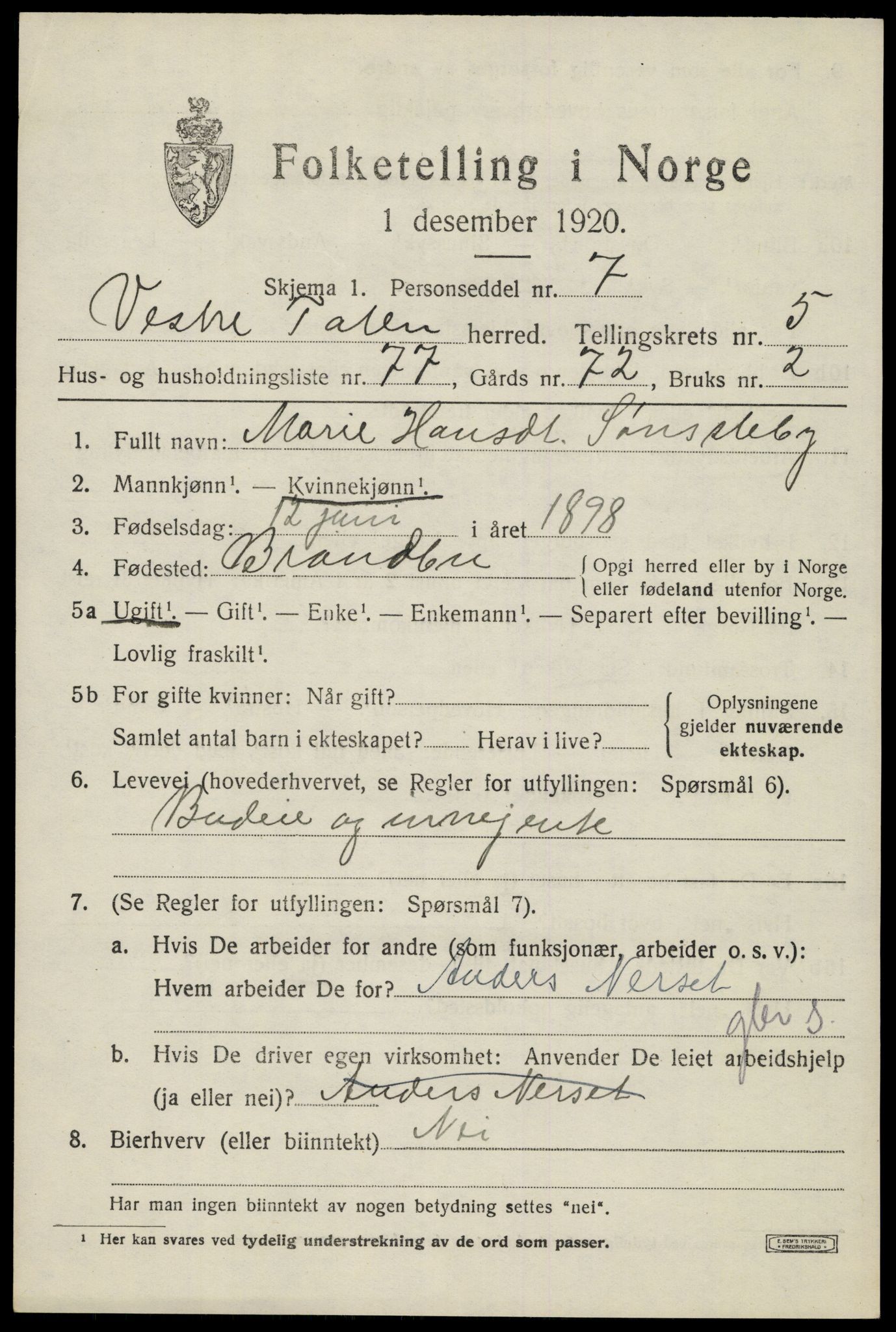 SAH, 1920 census for Vestre Toten, 1920, p. 8182