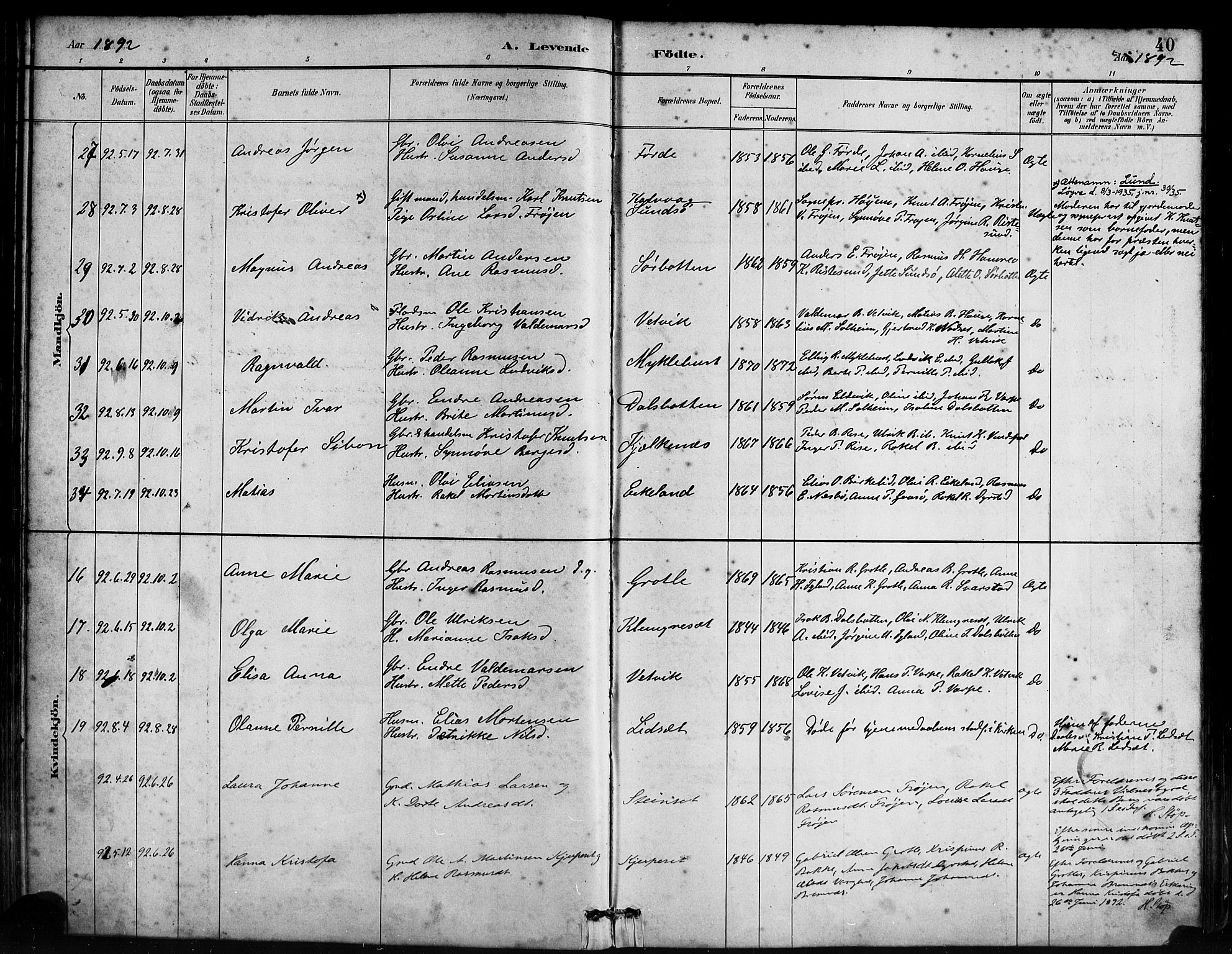 Bremanger sokneprestembete, AV/SAB-A-82201/H/Haa/Haab/L0001: Parish register (official) no. B 1, 1884-1895, p. 40