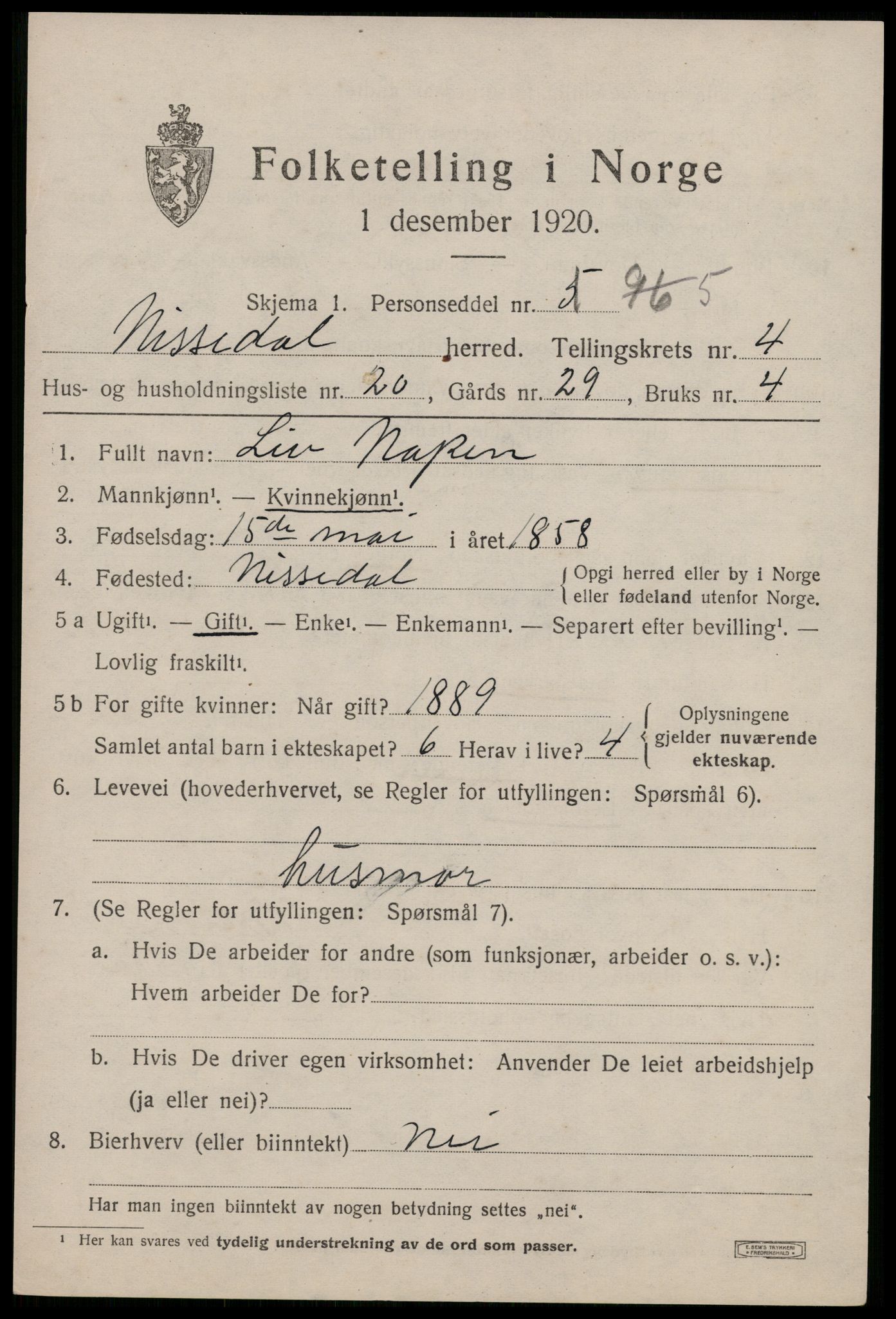SAKO, 1920 census for Nissedal, 1920, p. 2019