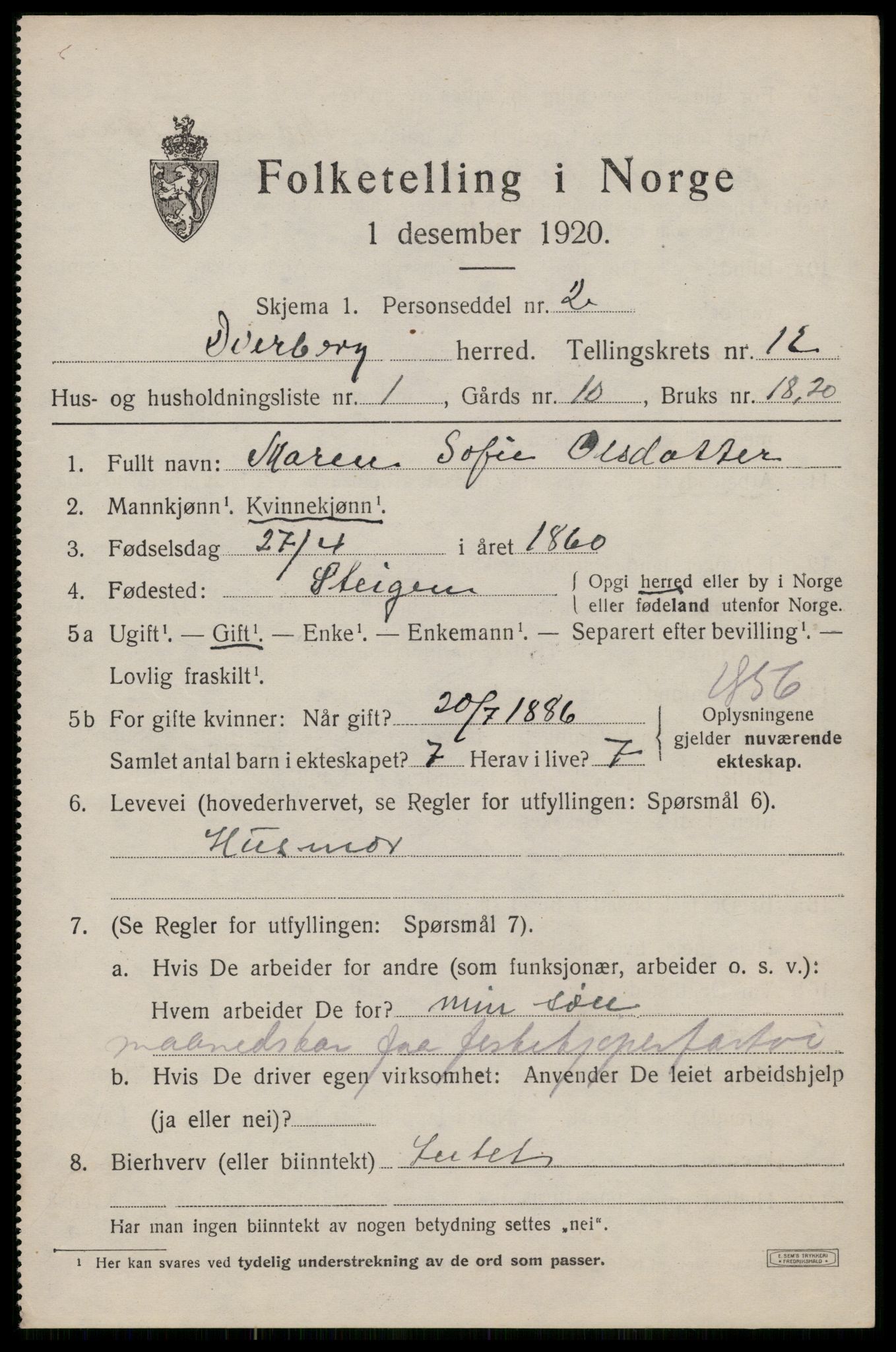 SAT, 1920 census for Dverberg, 1920, p. 9422