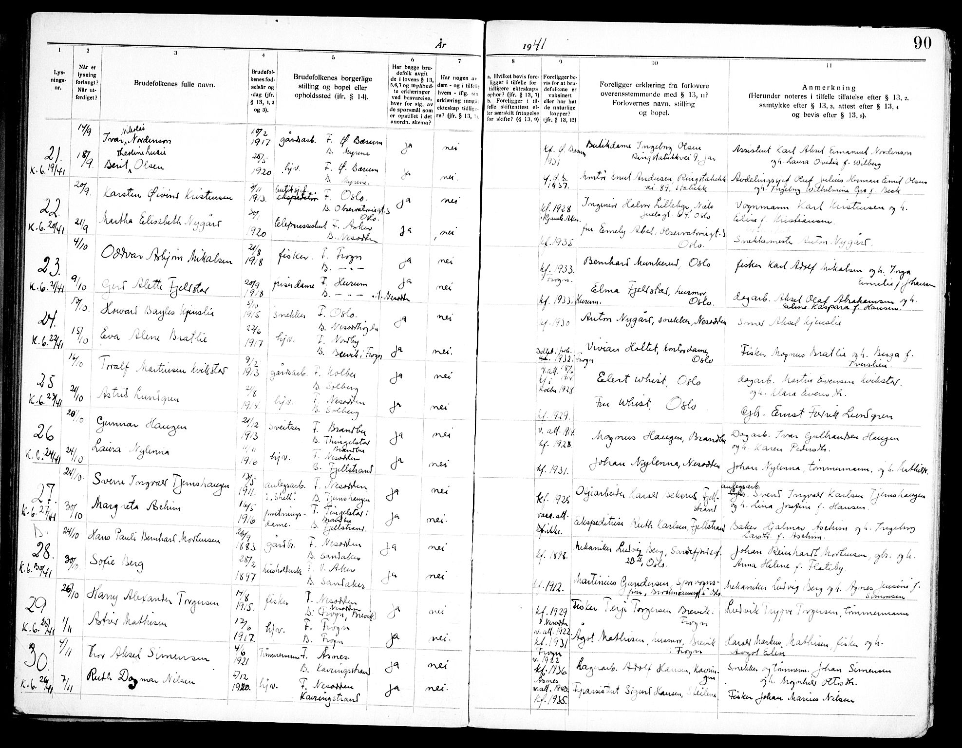 Nesodden prestekontor Kirkebøker, SAO/A-10013/H/Ha/L0001: Banns register no. 1, 1919-1947, p. 90