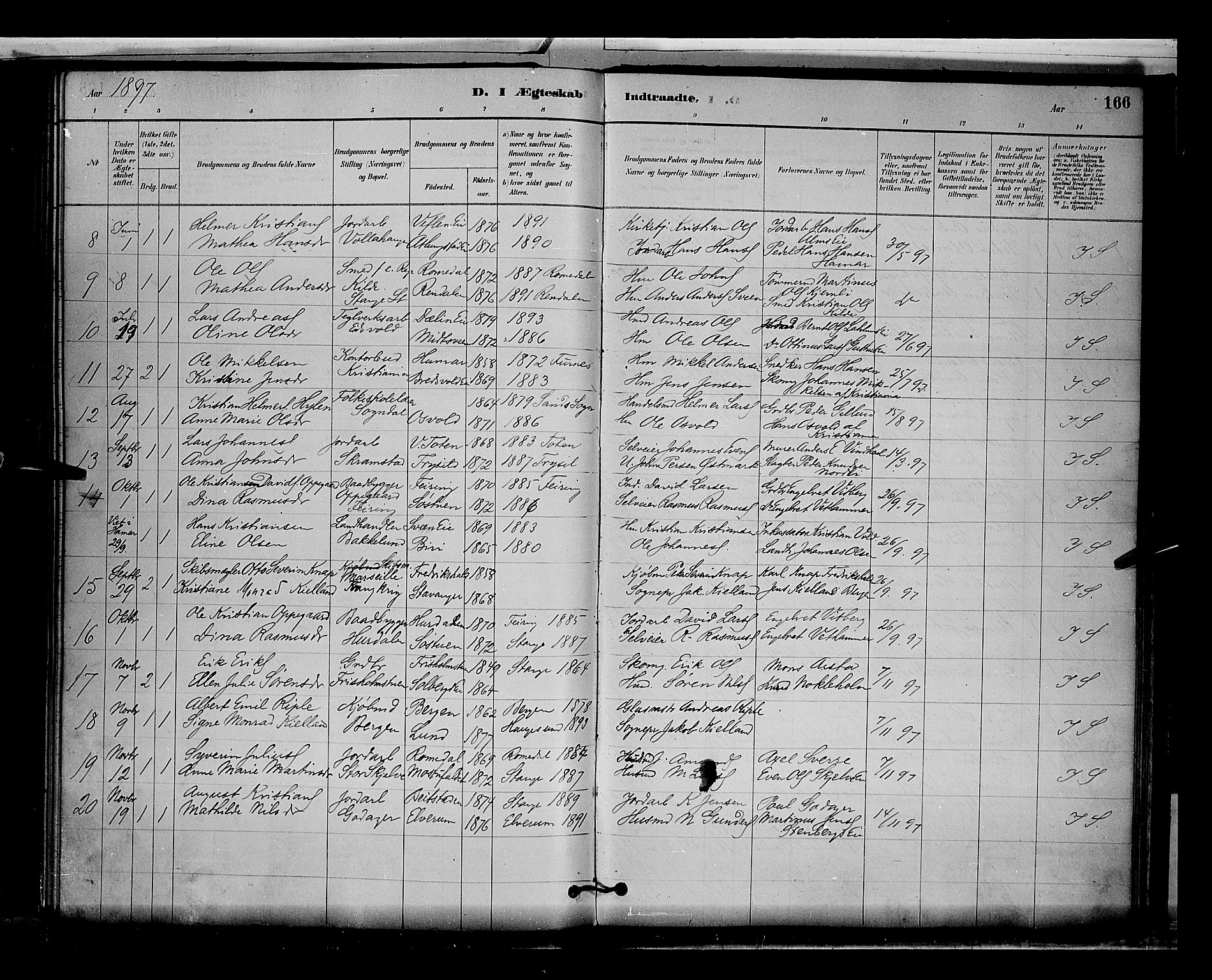 Stange prestekontor, AV/SAH-PREST-002/L/L0009: Parish register (copy) no. 9, 1883-1899, p. 166