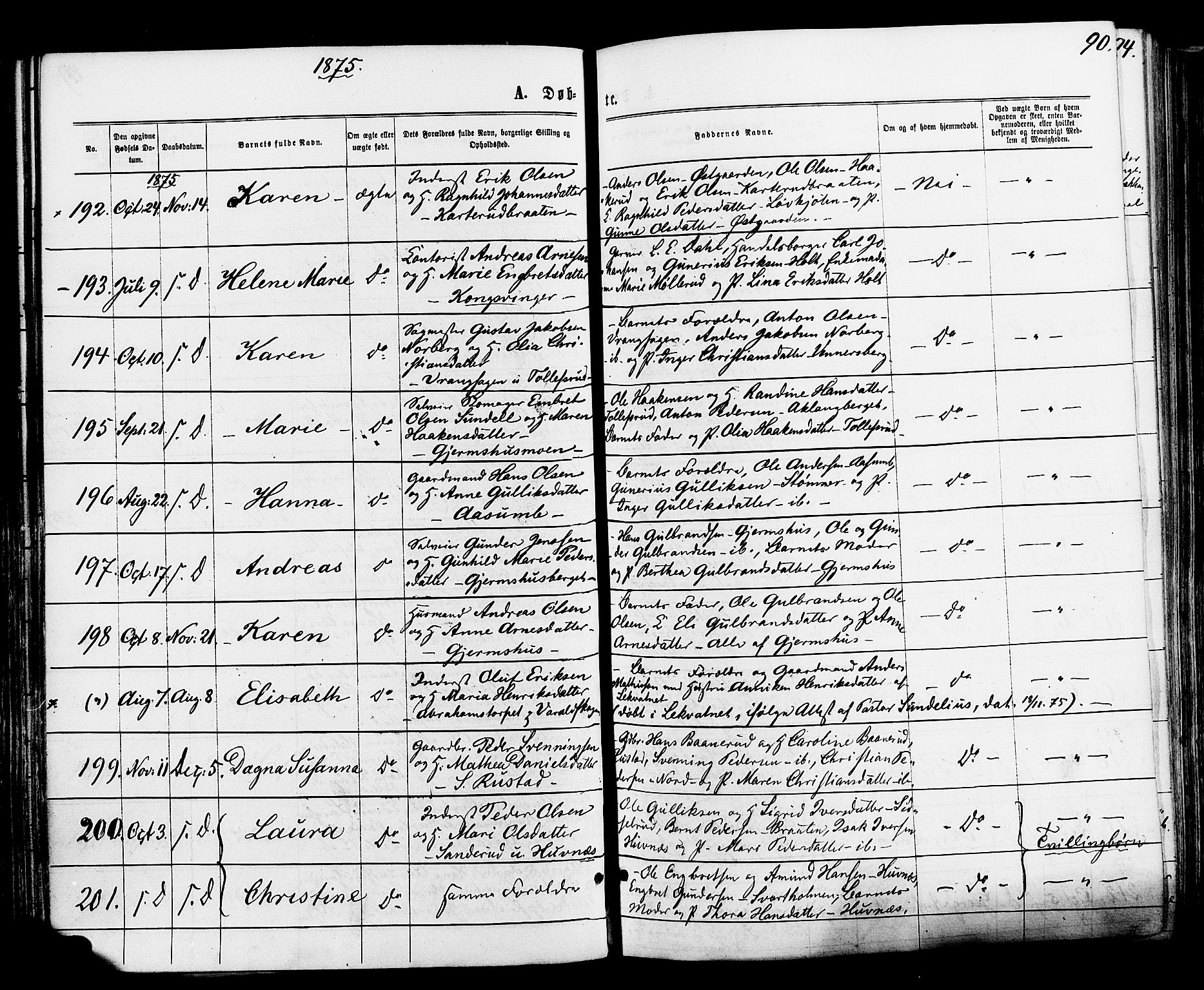 Vinger prestekontor, AV/SAH-PREST-024/H/Ha/Haa/L0012: Parish register (official) no. 12, 1871-1880, p. 90