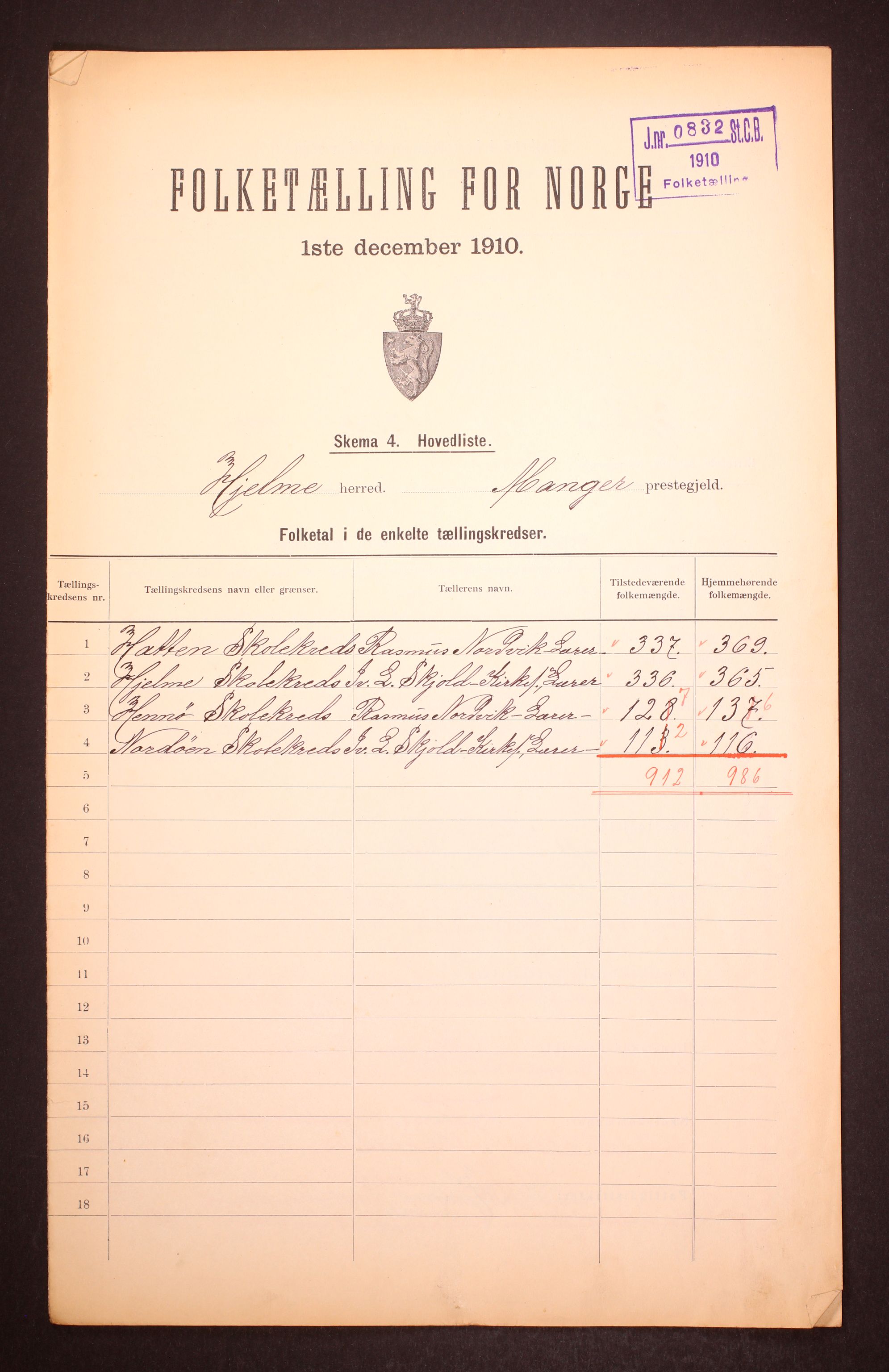 RA, 1910 census for Hjelme, 1910, p. 2