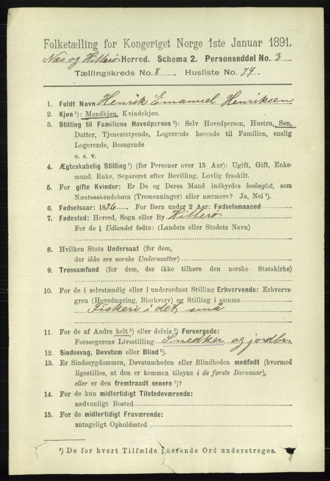 RA, 1891 census for 1043 Hidra og Nes, 1891, p. 3703