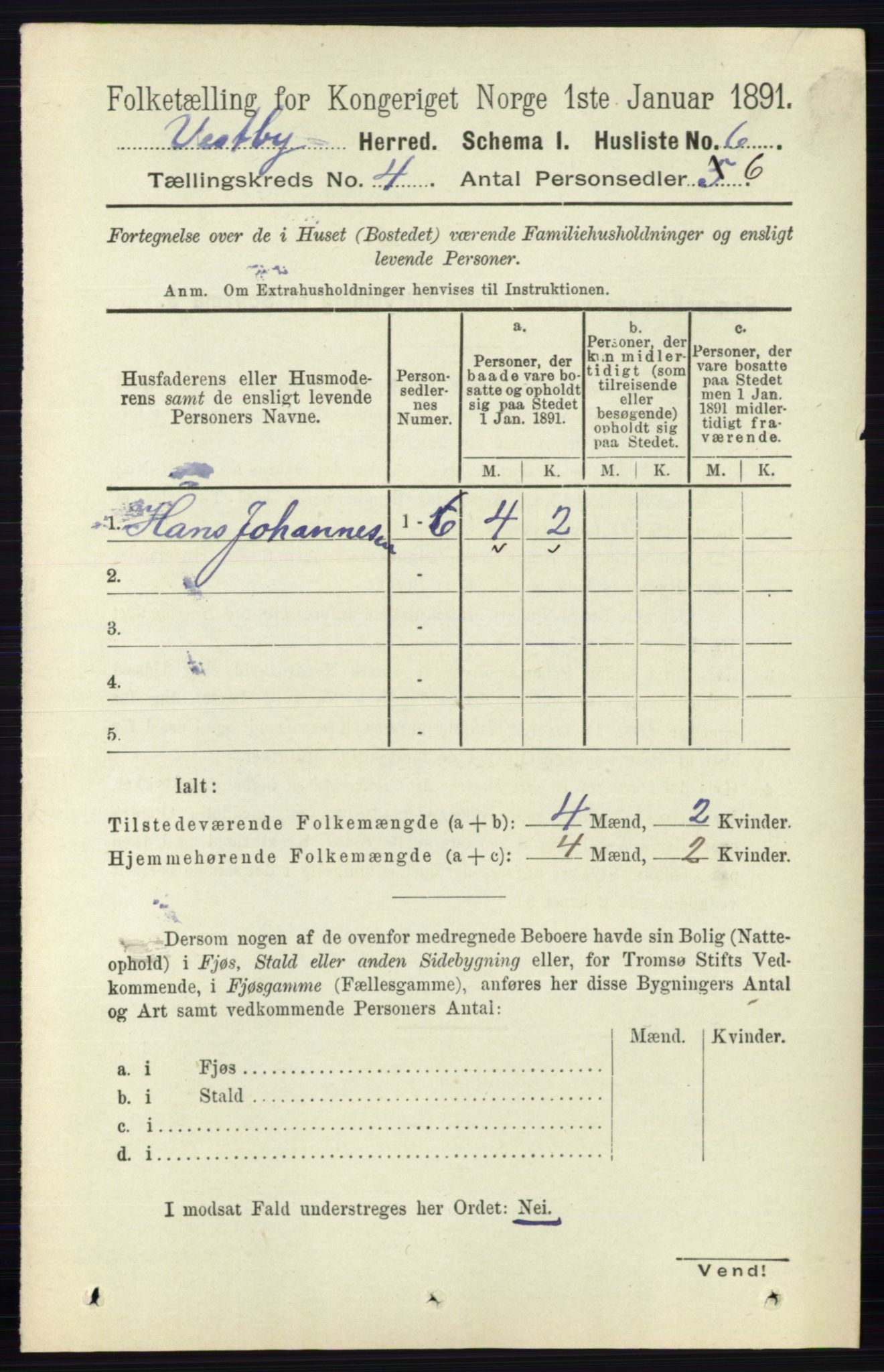 RA, 1891 census for 0211 Vestby, 1891, p. 1485