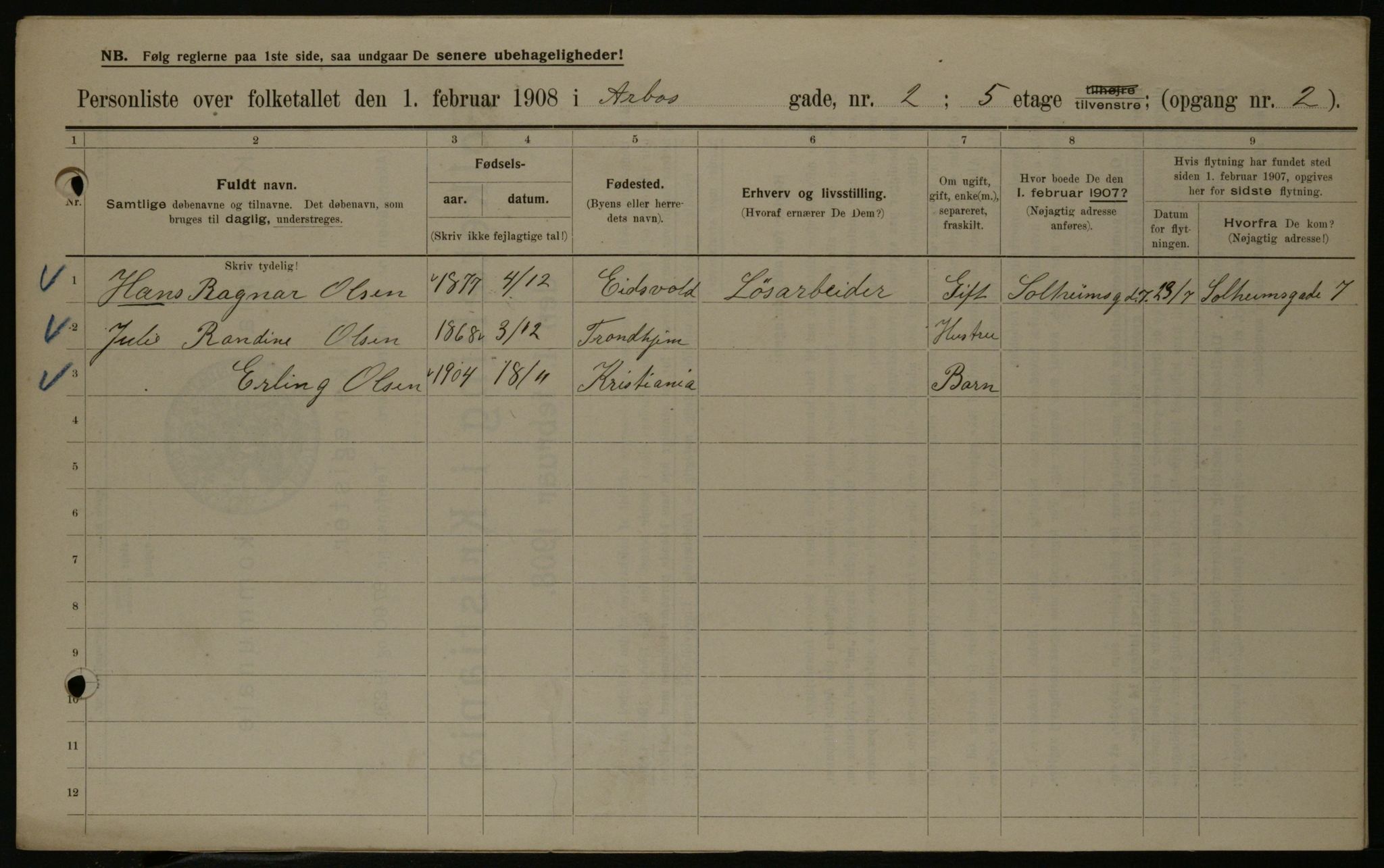OBA, Municipal Census 1908 for Kristiania, 1908, p. 2039
