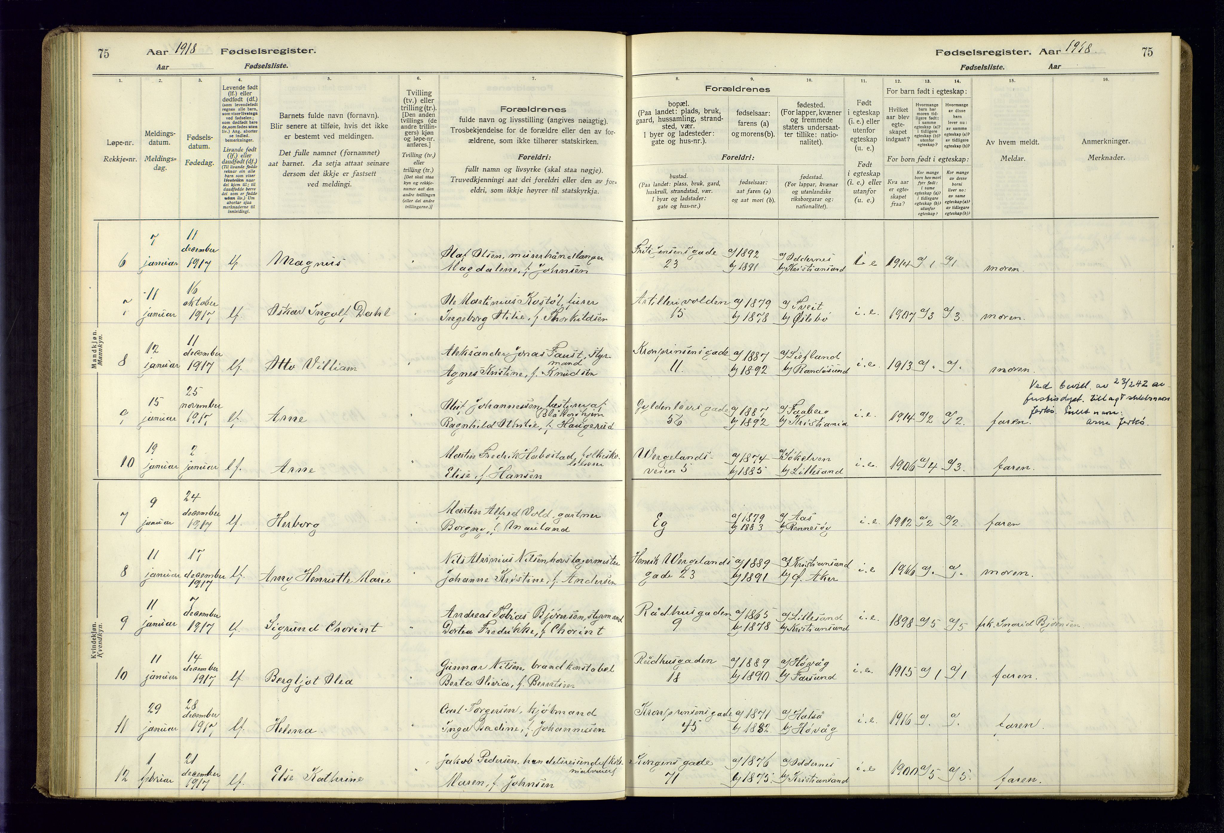 Kristiansand domprosti, AV/SAK-1112-0006/J/Jc/L0001: Birth register no. A-VI-45, 1916-1921, p. 75